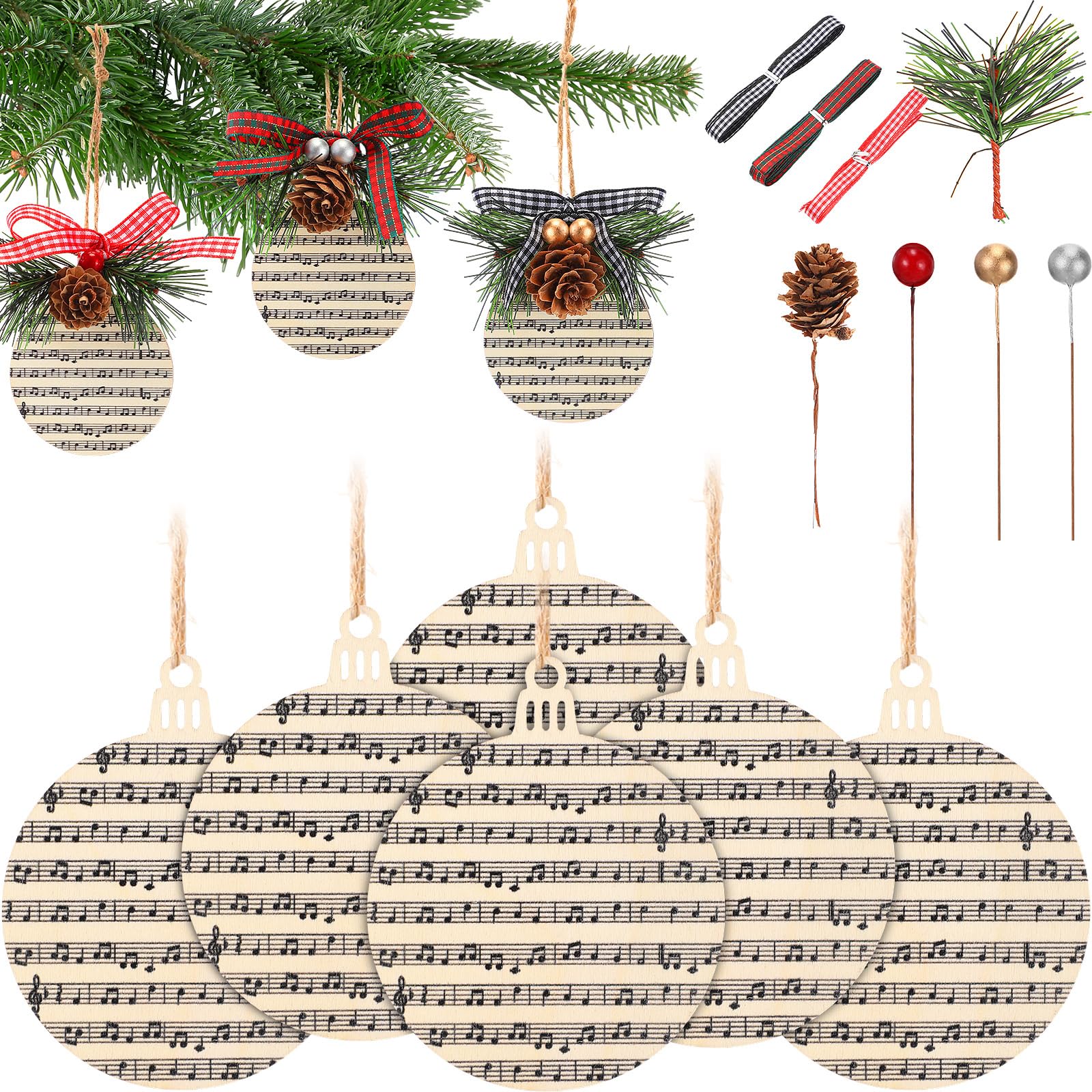 Notes de musique blanches décoratives en lot de 36 avec rubans de 2 m