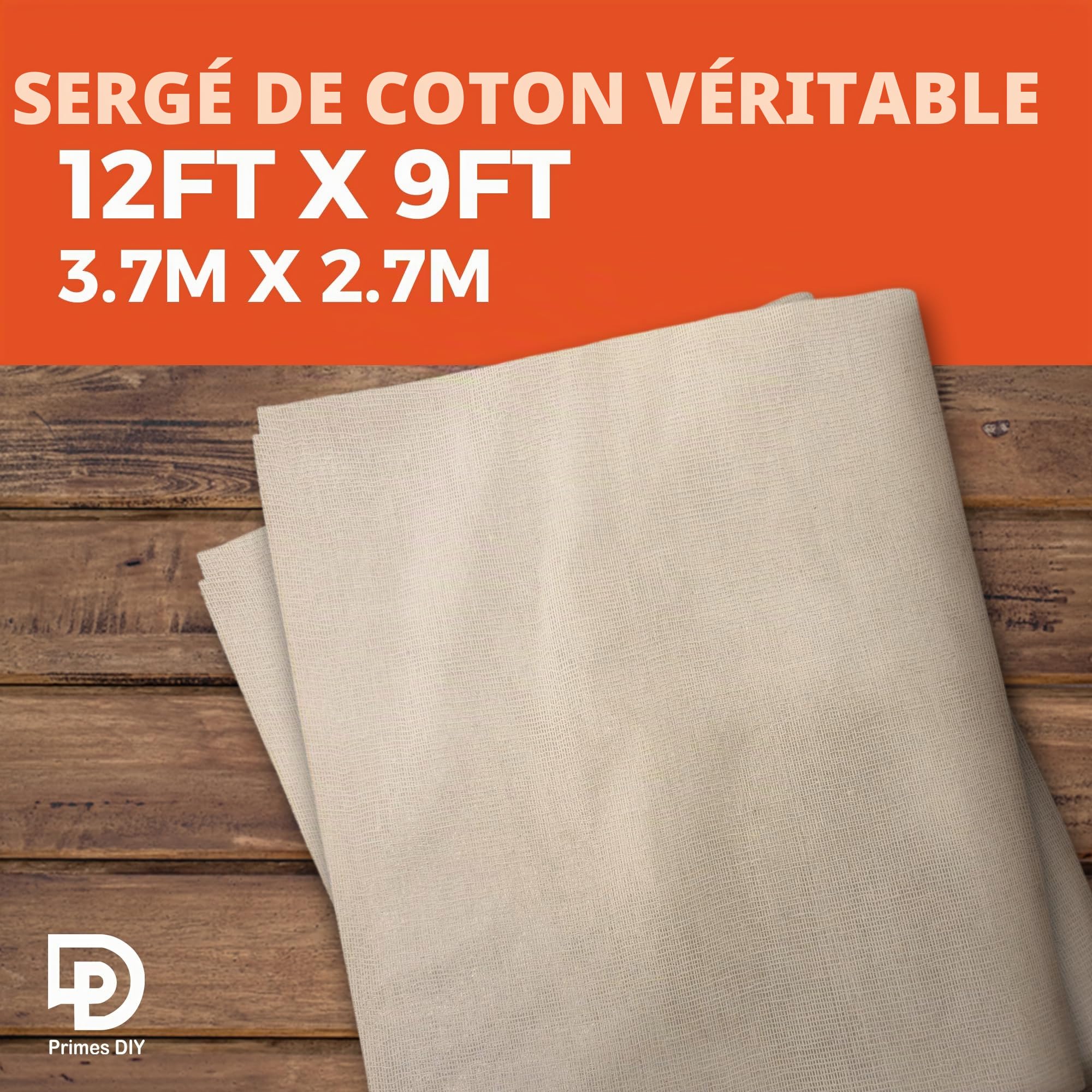 PRIMES DIY Bâche anti-poussière en coton sergé de qualité professionnelle pour peinture et décoration, durable, réutilisable, housse de meubles, toile naturelle, tissu de haute qualité, 3,7 x 2,7 m