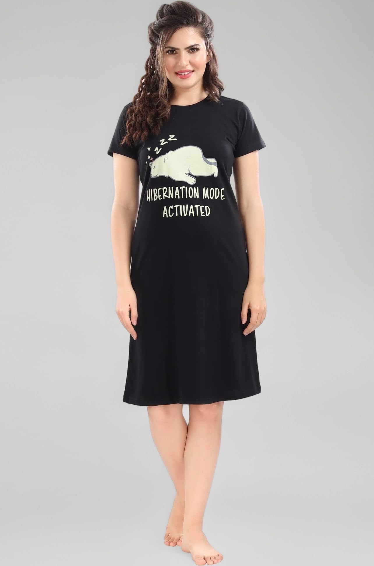 XOYA Printed Knee Length Nighty for Women/Cotton Nighty - Black