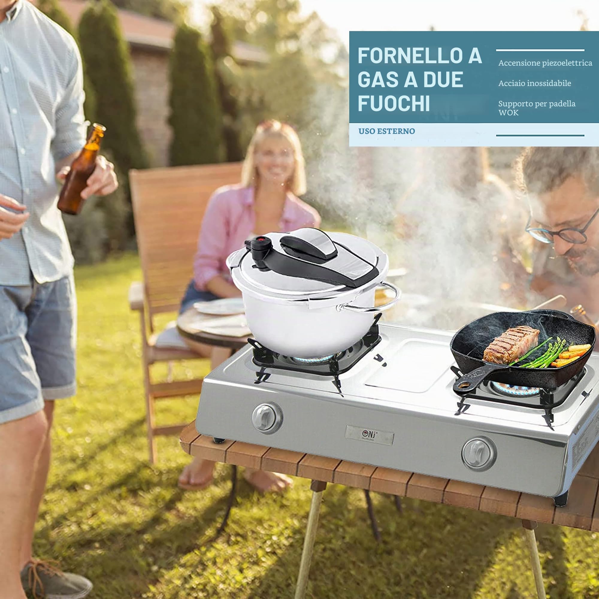 NJ NGB-200 Fornello a Gas Portatile 2 Fuochi Inox per Campeggio