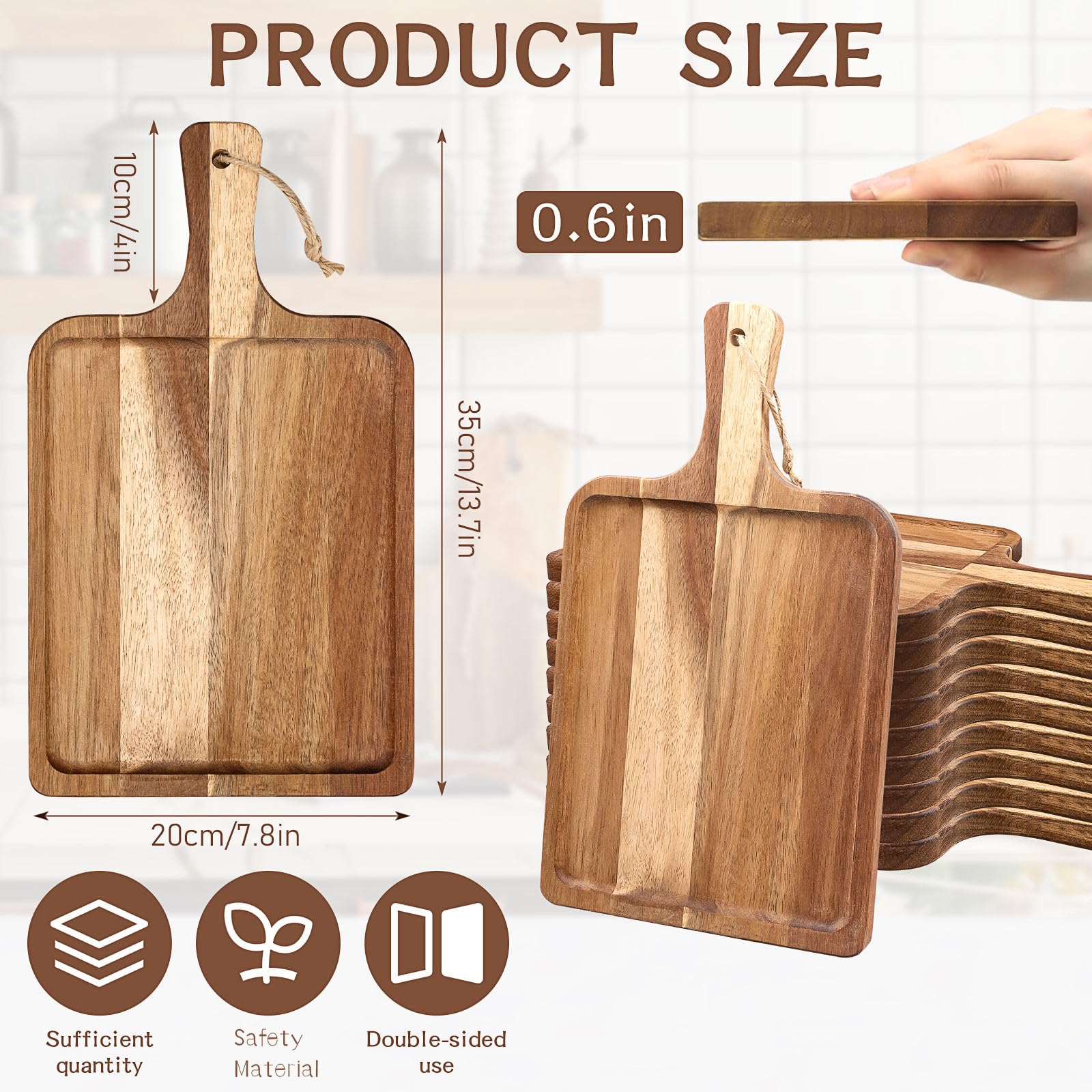 Tabla de cortar de madera de acacia con asa, 10 piezas, tabla decorativa para charcutería, pizza, queso, frutas, para cocina, decoración de mesa de Navidad (35 x 20 cm)