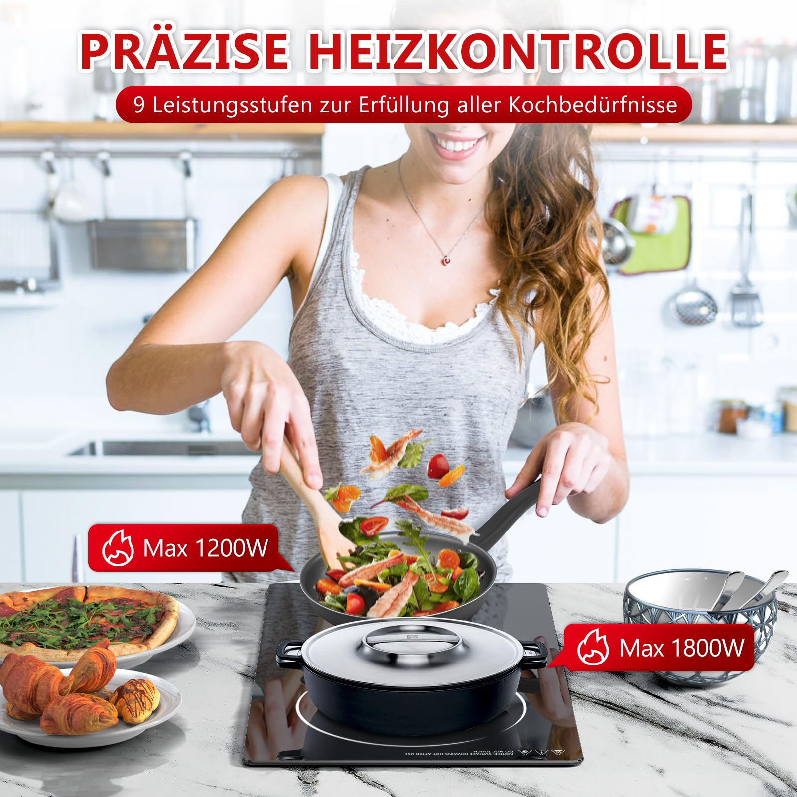 Glaskeramik-Herdestelle mit 2 Brennern, 3000W Einbaubare Glaskeramik-Herdestelle mit 2 Brennern und Steckdose, 9 Leistungseinstellungen, Senioren-gedachte Tastensteuerung, Timer