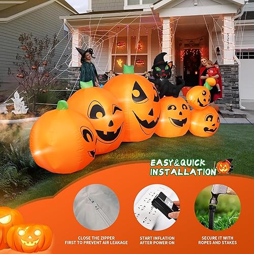 Miniatura 3 de Parche de calabaza inflable de Halloween de 10 pies de largo con gato de bruja negra, parche de calabaza gigante con luces LED integradas,