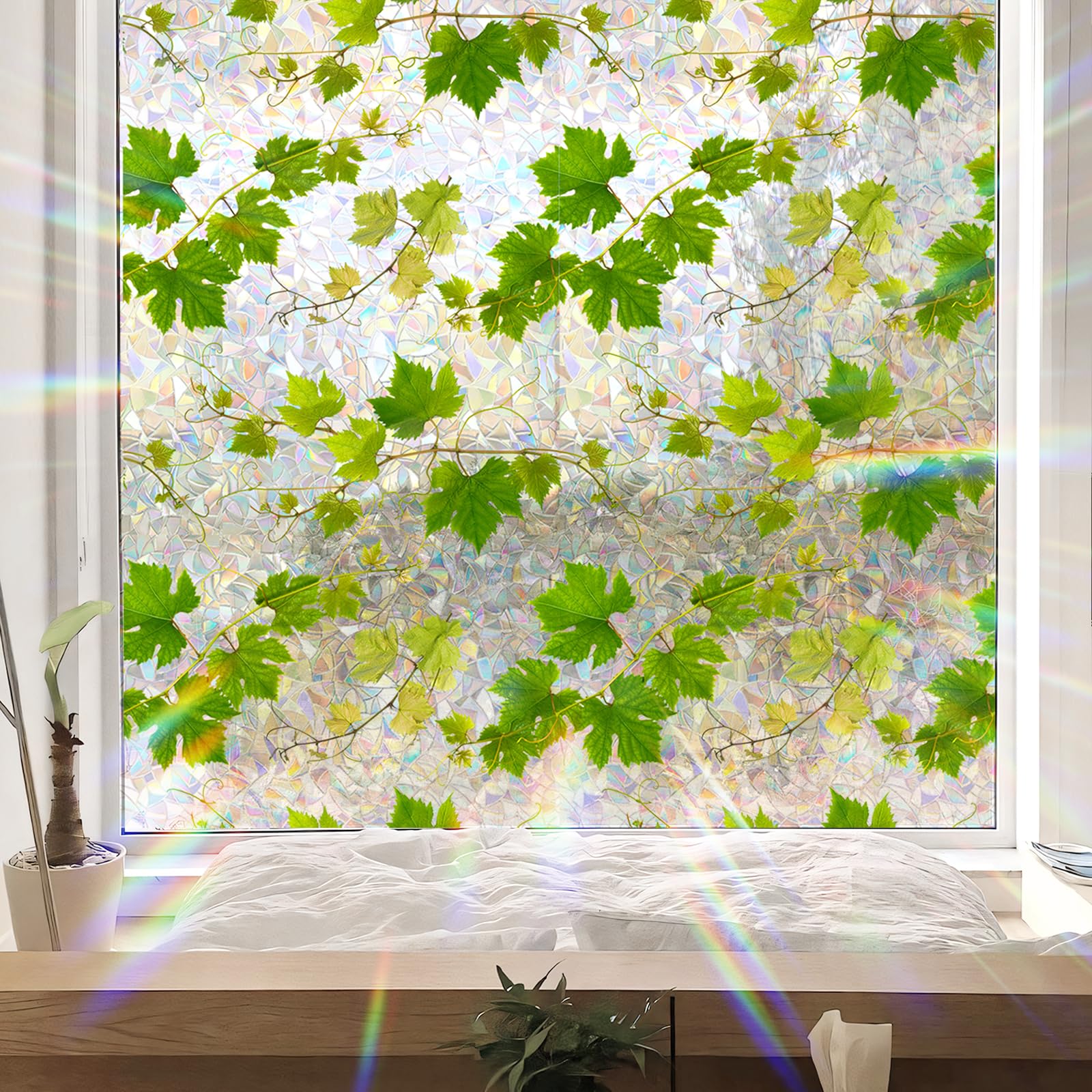 Tanlaby Pellicola per Finestre Arcobaleno Piante Foglie Adesivi per Finestre Autoadesive Pellicola Privacy Statici Anti-Collisione Finestra Vetro Porte Decalcomanie, 40x200cm