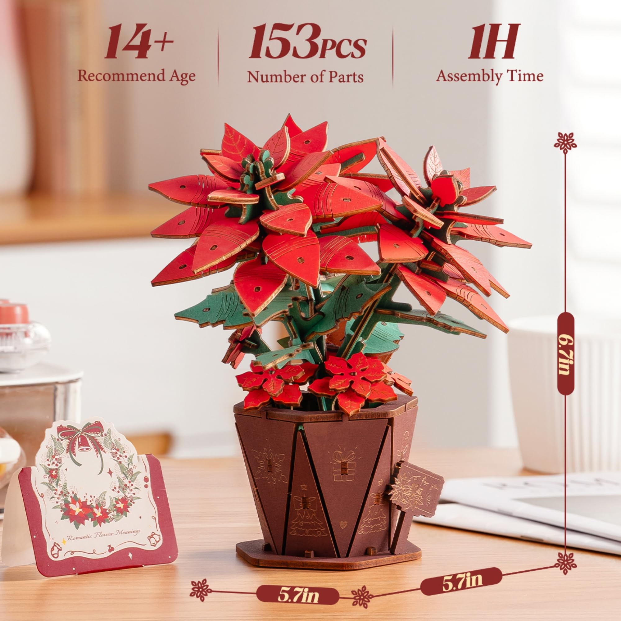 ROBOTIME 3D Puzzle Poinsettia, Wooden Artificial Flower Model Kits for Adults to Build Home Decor Accessories - Image 4
