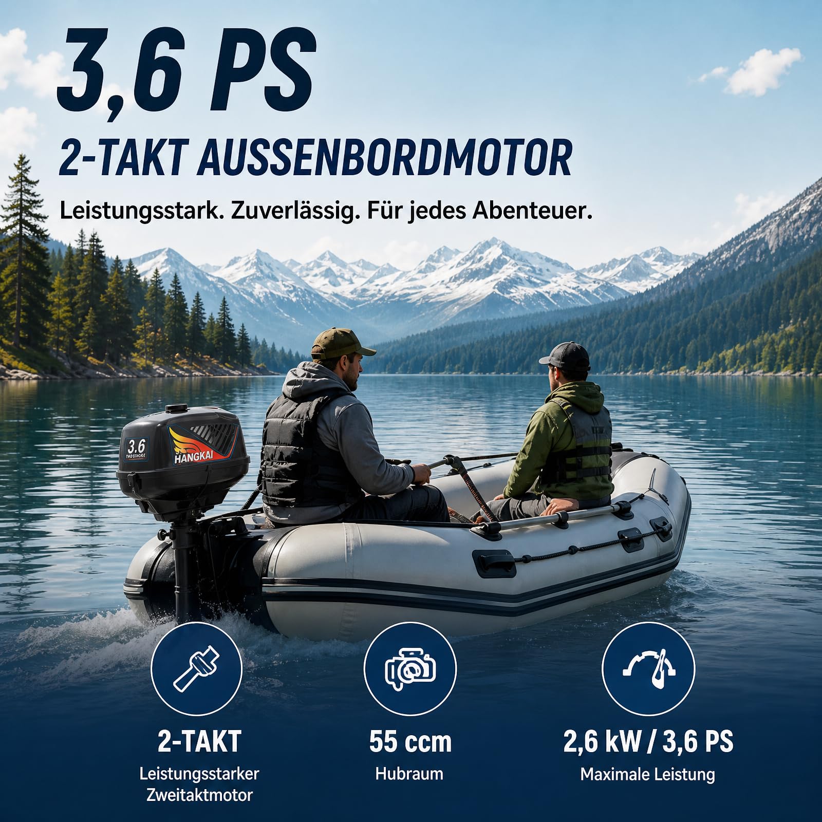 2-Takt Außenbordmotor Benzinmotor, 55ccm 3,6PS Außenborder Benzin Außenbordmotor, Schlauchboot Motor Kurzer Welle, CDI Zündung Halbluft- und Halbwassergekühlt für Schlauchboot Angelboot Fischerboot