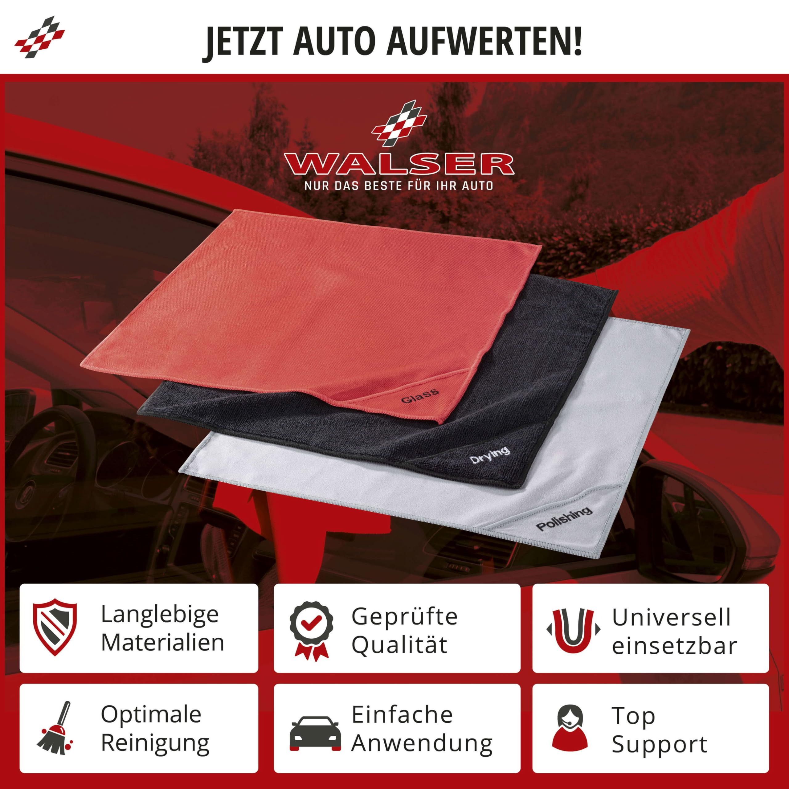 WALSER CarComfort Panno Microfibra 2 In 1 Per Pulizia Auto - 40x40 Cm Con Spazzola Integrata Per Interni, Cruscotto E Volante