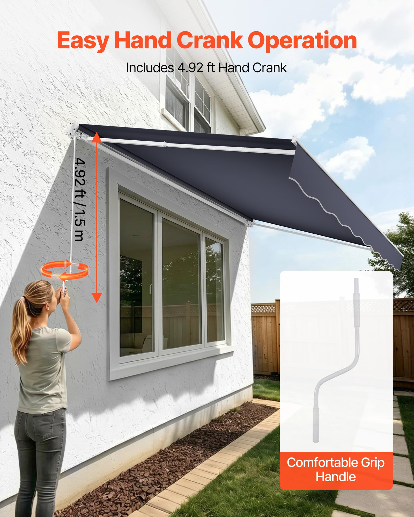 VEVOR Store Banne Manuel 350x300 cm Auvent Rétractable pour Terrasse et Balcon, Extérieur, Devantures de Cafés, de Restaurants, de Boutiques, avec Manivelle, Angle d'Inclinaison 45°-85°, Gris Foncé