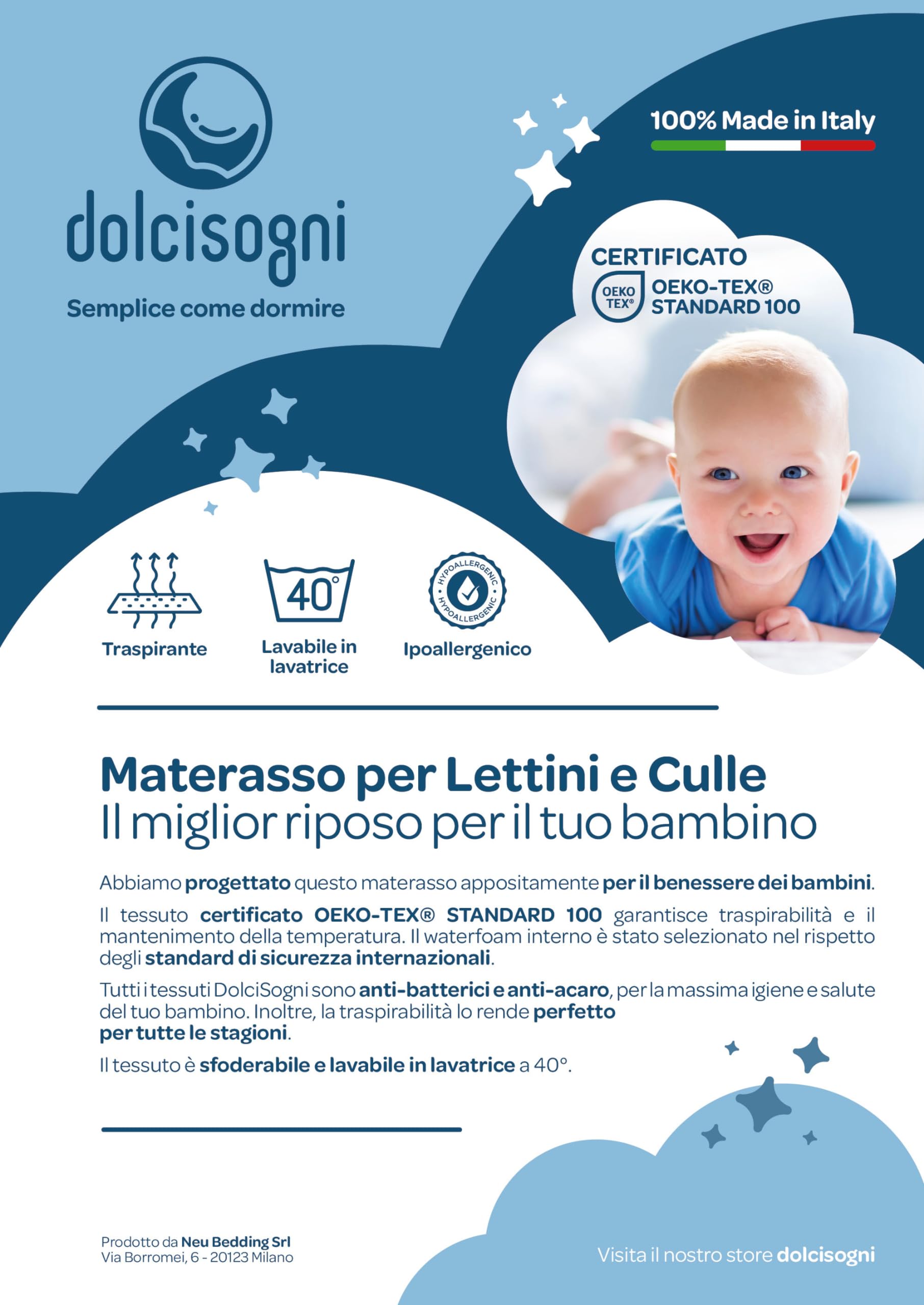DOLCI SOGNI Materasso Lettino 60x120 cm Spessore 16 cm, OEKO-TEX® e CertiPUR™ Materasso Culla Bambino per Lettino Neonati, Fodera in Aloe Vera Sfoderabile e Lavabile, Materasso Lettino Neonato
