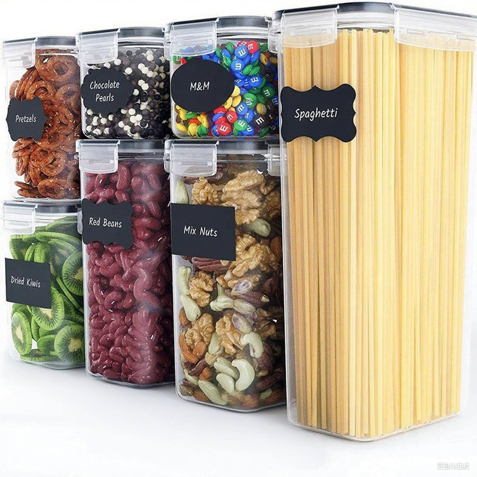 Food Storage Containers Set 7 Pcs, Storage Containerswith Lids Airtight, BPA Free Plastic Cereal Storage Container, Stackable Kitchen Storage Container for Cereal, Pasta, Snacks, Spices with 10 Labels