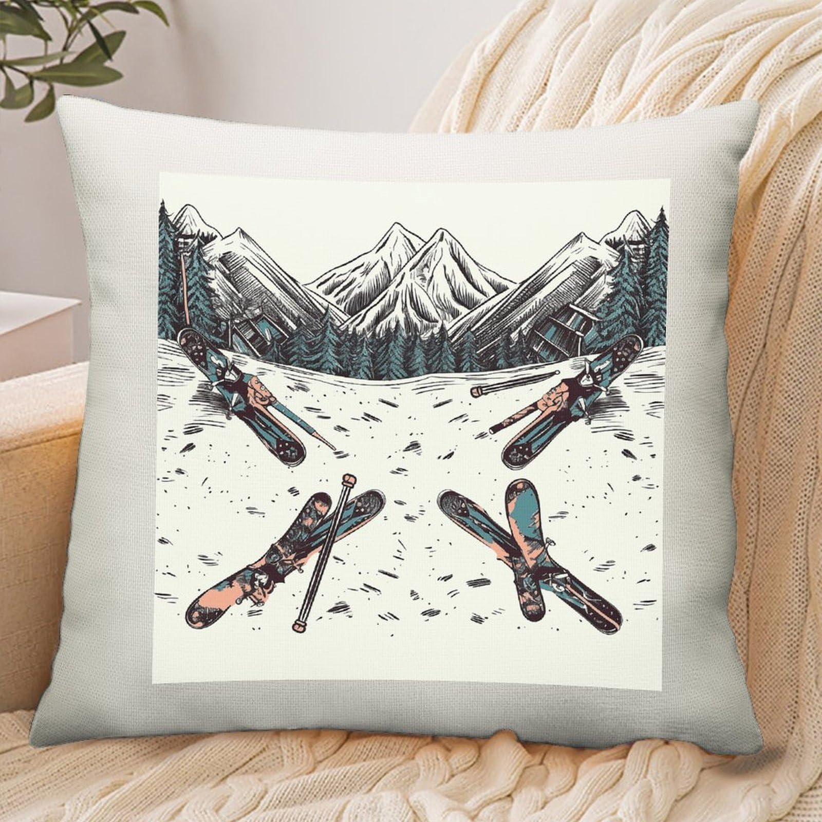 Adfgyerh Style Skiing With Gear Set Pillow Cover Breathable,Pillowcases Boho Decorative Envelope Closure,Throw Pillow Covers For Beach,Patio,Balcony,Couch Living Room 18 * 18In