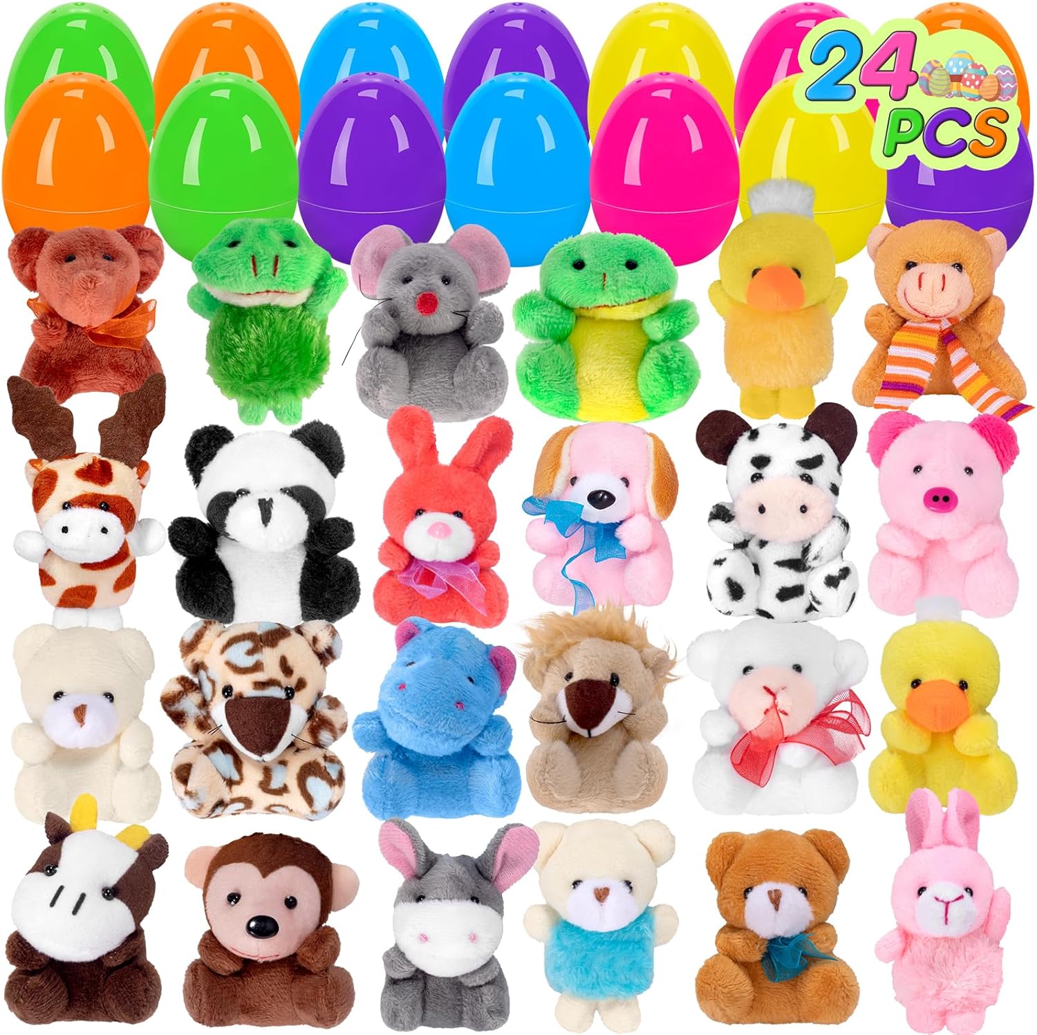 24 PCS Prefilled Easter Eggs with Mini Plush Animals Toys Easter Basket Stuffers/Fillers for Kids Toddlers Plastic Easter Eggs Stuffed Animals Gifts Eggs for Easter Egg Hunt Prizes, Party Favor