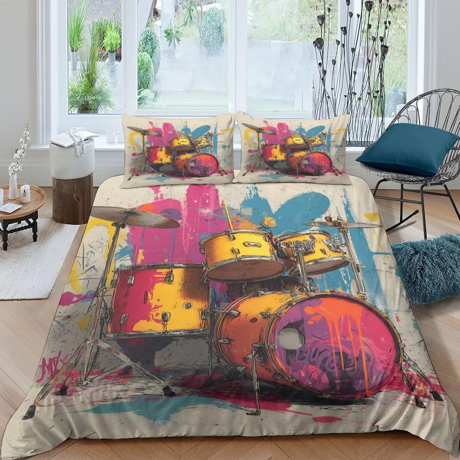 Ctjqhvkz Style-5 3D Printed Graffiti Drum Set Fitted Sheet Microfiber Soft Bedroom Decor Artistic Mattress Cover For Home Dorm Single（135X200cm）