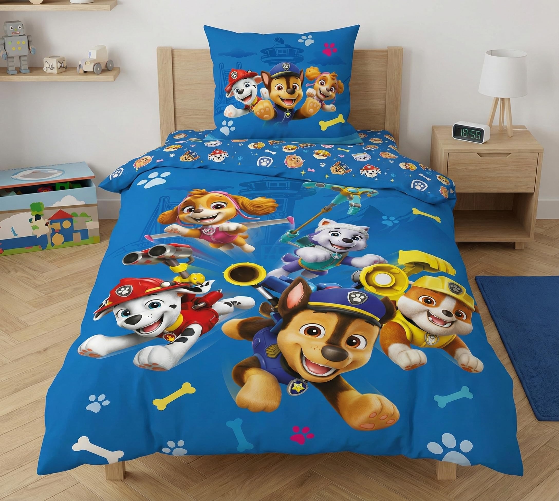Paw Patrol 3 Piezas Funda Nórdica Cama 90 140x200 + Funda 63x63 + Bajera | Funda nórdica + bajera 90x190 | Microfibra Oeko-Tex secado rápido | Chase Marcus Skye Nickelodeon | 3-8 | Idea regalo