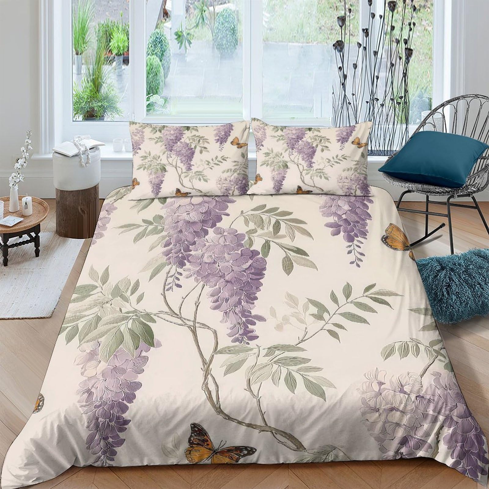 Ctjqhvkz Style-4 3D Printed Wisteria Blossom Fitted Sheet Microfiber Soft Floral Butterfly Mattress Cover For Bedroom Guest Room Decor Single（135X200cm）