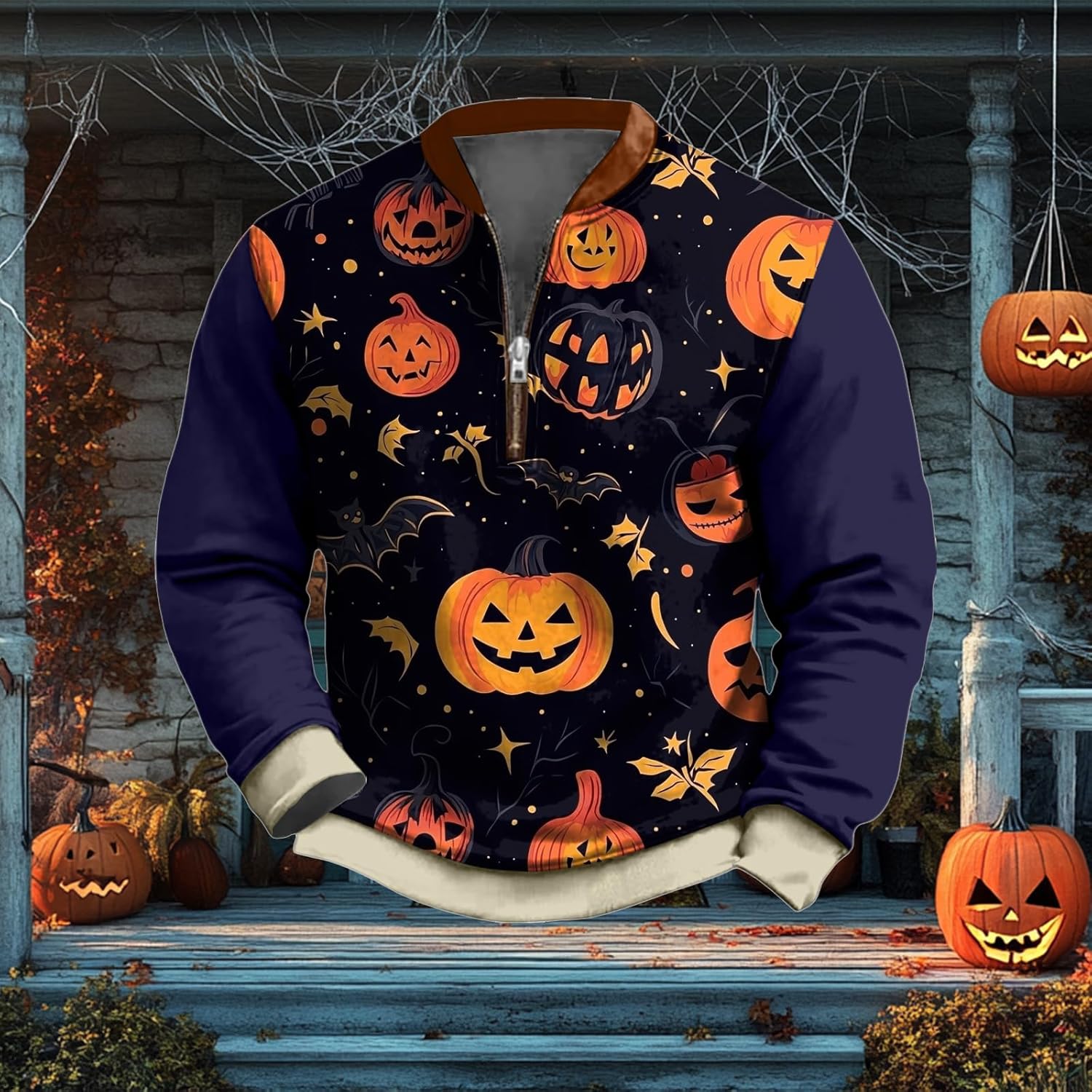 Halloween Hoodies Men Funny Print Half Zip Pullover Long Sleeve Crewneck Big And Tall Lightweight Sweatshirt - Image 3
