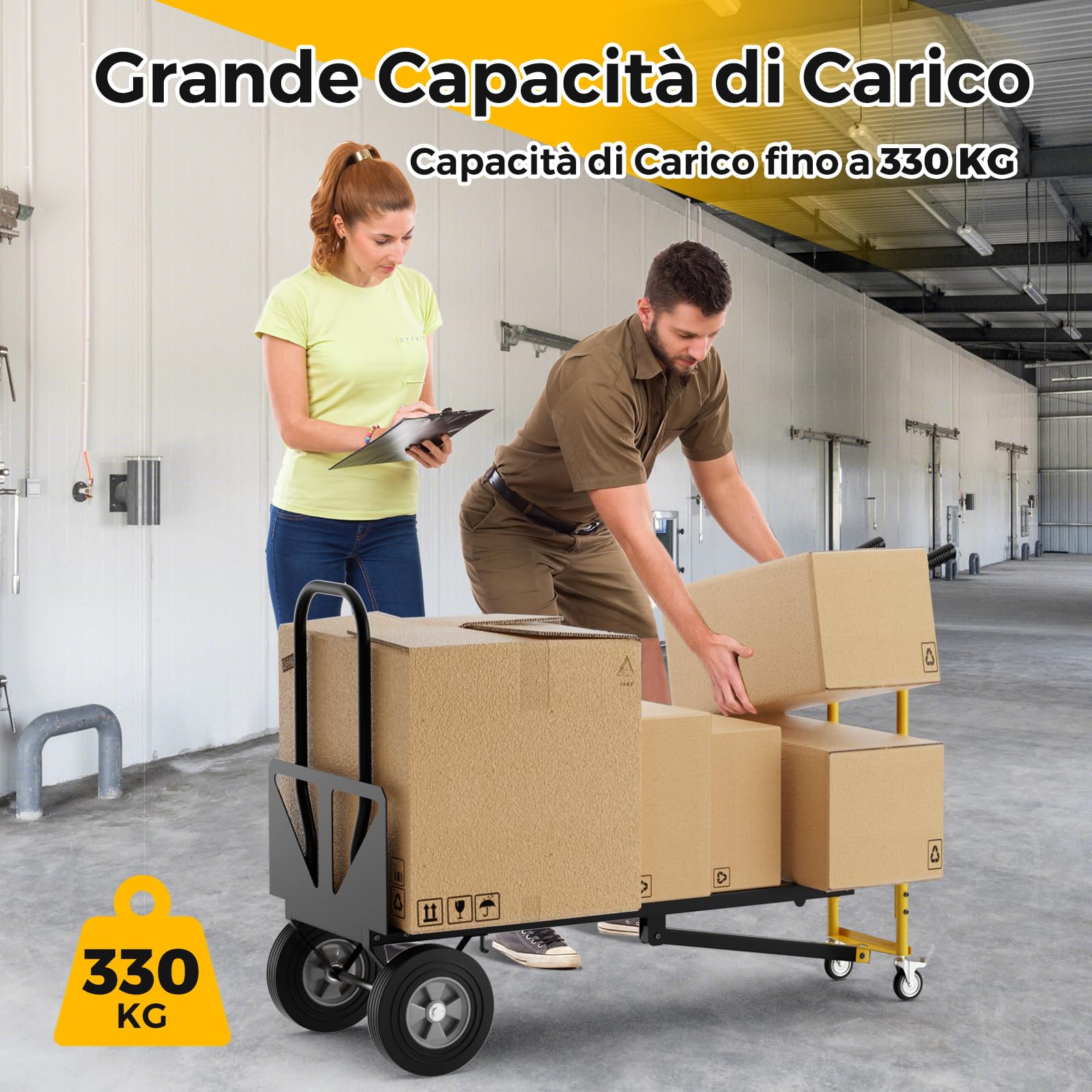 GYMAX Carrello a Mano Convertibile 3-in-1, Carrello Portatile Pesante in Metallo con Ruote in Gomma, Capacità 450kg, Carrello Industriale Pieghevole per Trasporto e Spostamento in Garage, Fabbrica