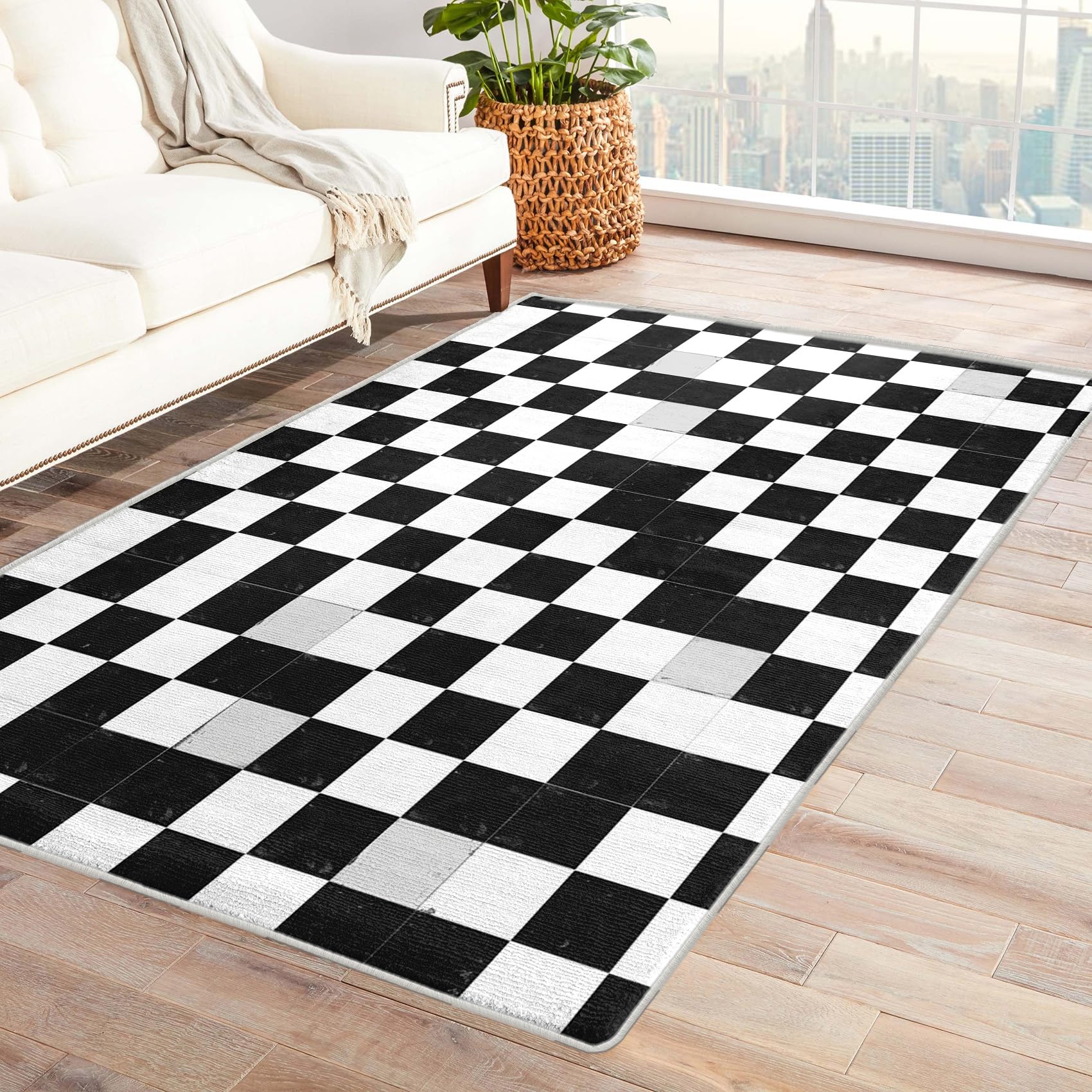 NejTrenzy Buffalo Check Rugs for Living Room, 7x8 Rug, Black and White Checkered Area Rug - Plaid Farmhouse Carpet for Bedroom Home Decor, Washable
