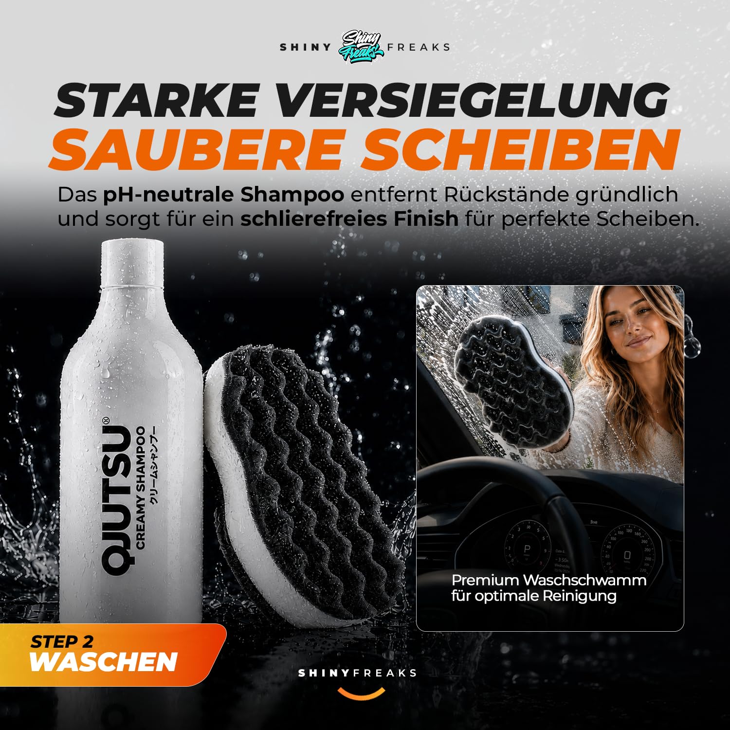 Glasversiegelung Set: Soft99 Glaco QAD (120ml) Scheibenversiegelung Auto + QJUTSU Creamy Shampoo (750ml) + Autoschwamm - Regenabweiser für verbesserte Sicht bei Regen | 3-teilig