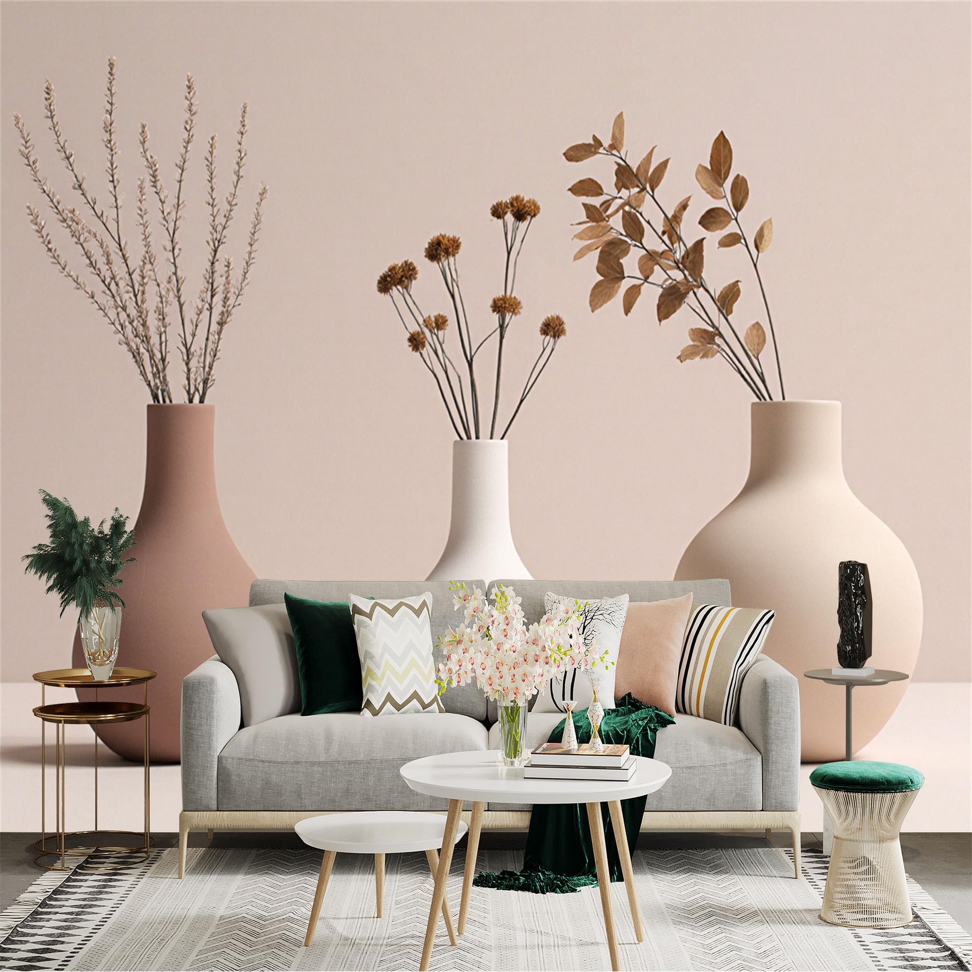 Custom Size Wall Sticker Mural， Modern Minimalist Ceramic Vases with Dry Branches， Neutral Tones， for wall Decoration， peelandstick wall Decals.