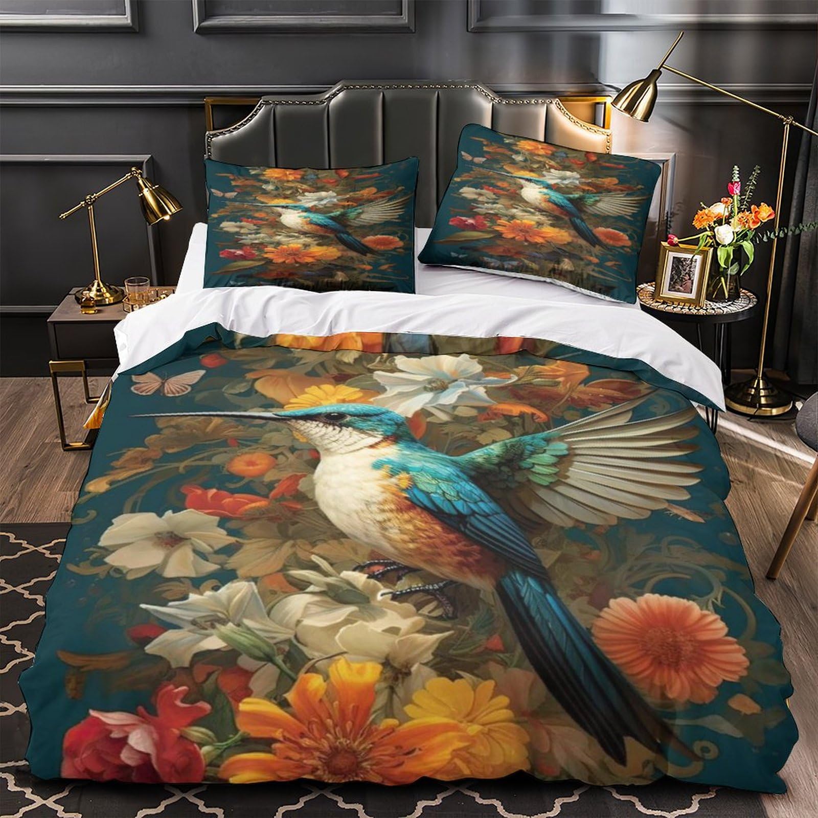 Parure de lit Kingfisher 200x200 anti-plis, housse de couette 3D et taies d'oreiller