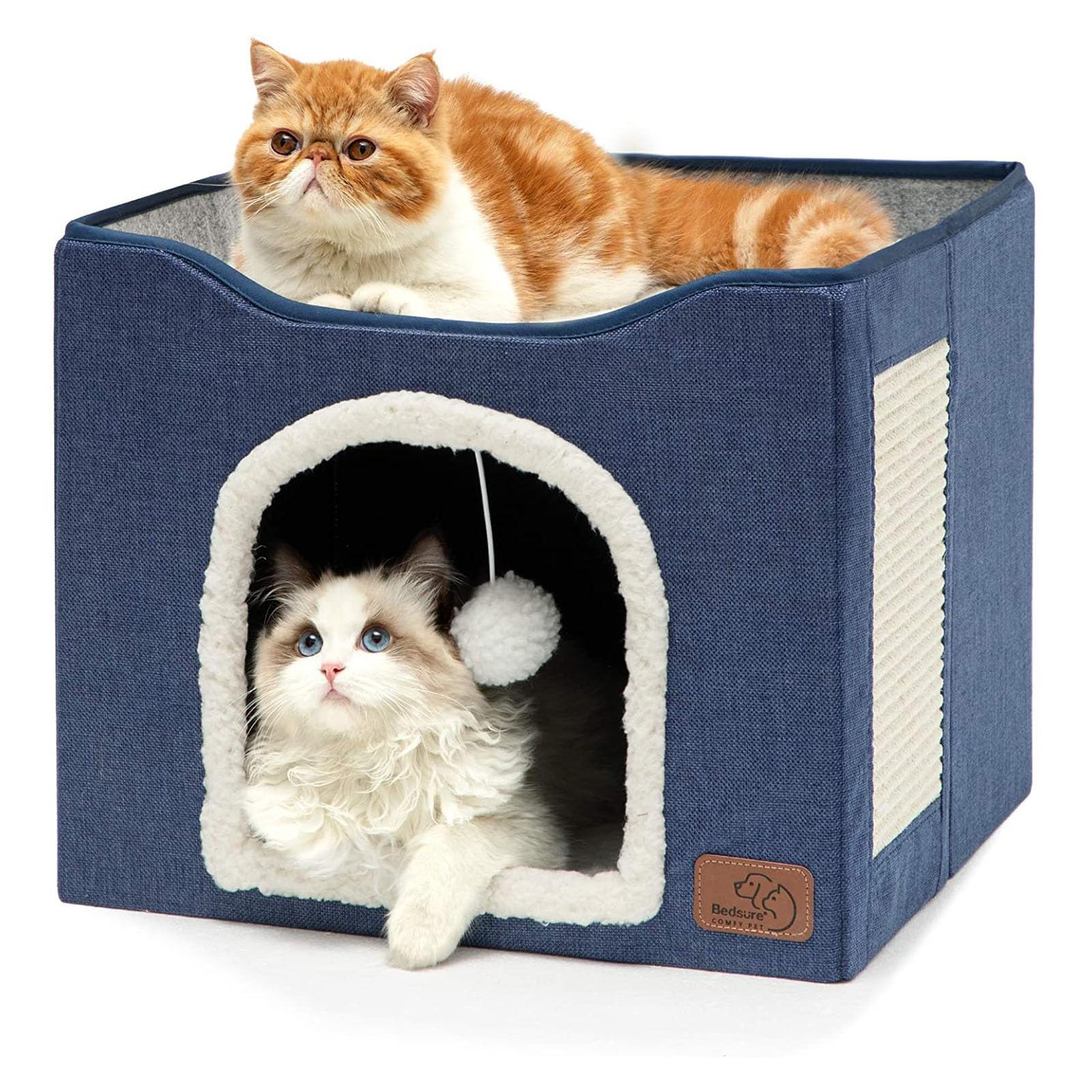 DAYONG Cat Bed, Foldable Cat House with Detachable Storage Box Scratch Pad and Fluffy Ball Hanging, Cat Hidewy Cube House for Multi-Small Pet Large Kitten Kitty (41 * 41 * 35) (style 1-blue)