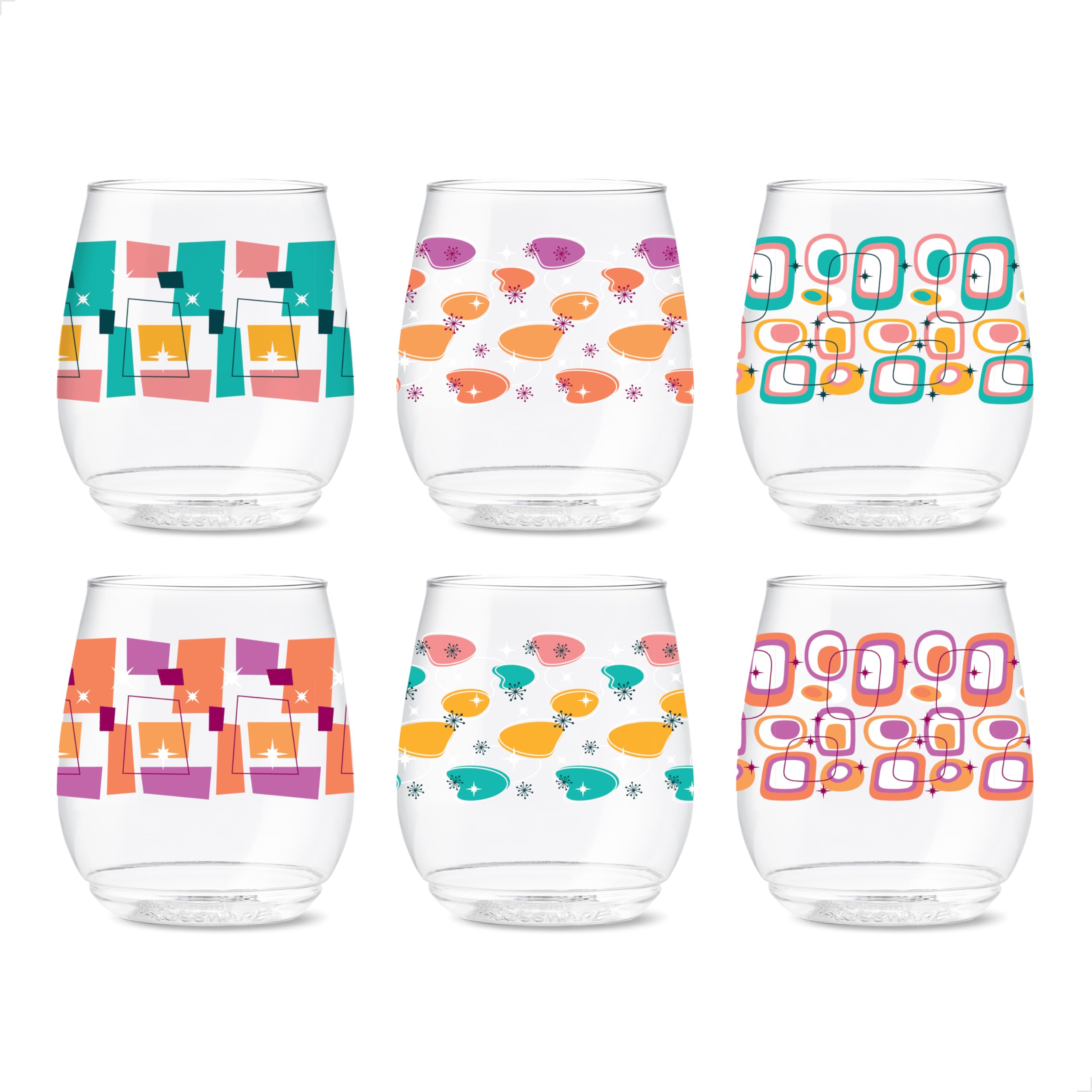 TOSSWAREPOP 14oz Vino Mid-Century Retro Series, SET OF 6, Premium Quality, Recyclable, Unbreakable & Crystal Clear Plastic Printed Glasses