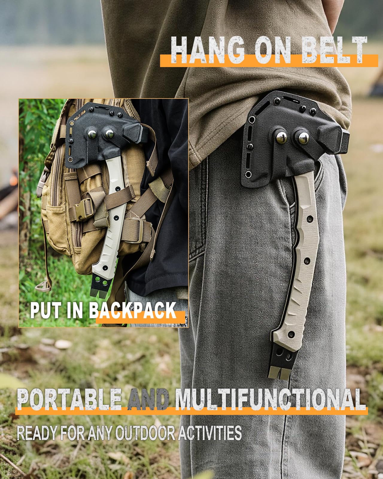 HX OUTDOORS Ascia Multifunzionale, Ascia Tattica da Sopravvivenza e Campeggio con Impugnatura G10, Lama in Acciaio Inox, Accetta da Bushcraft con Martello, Inserti Esagonali e Estrattore di Chiodi