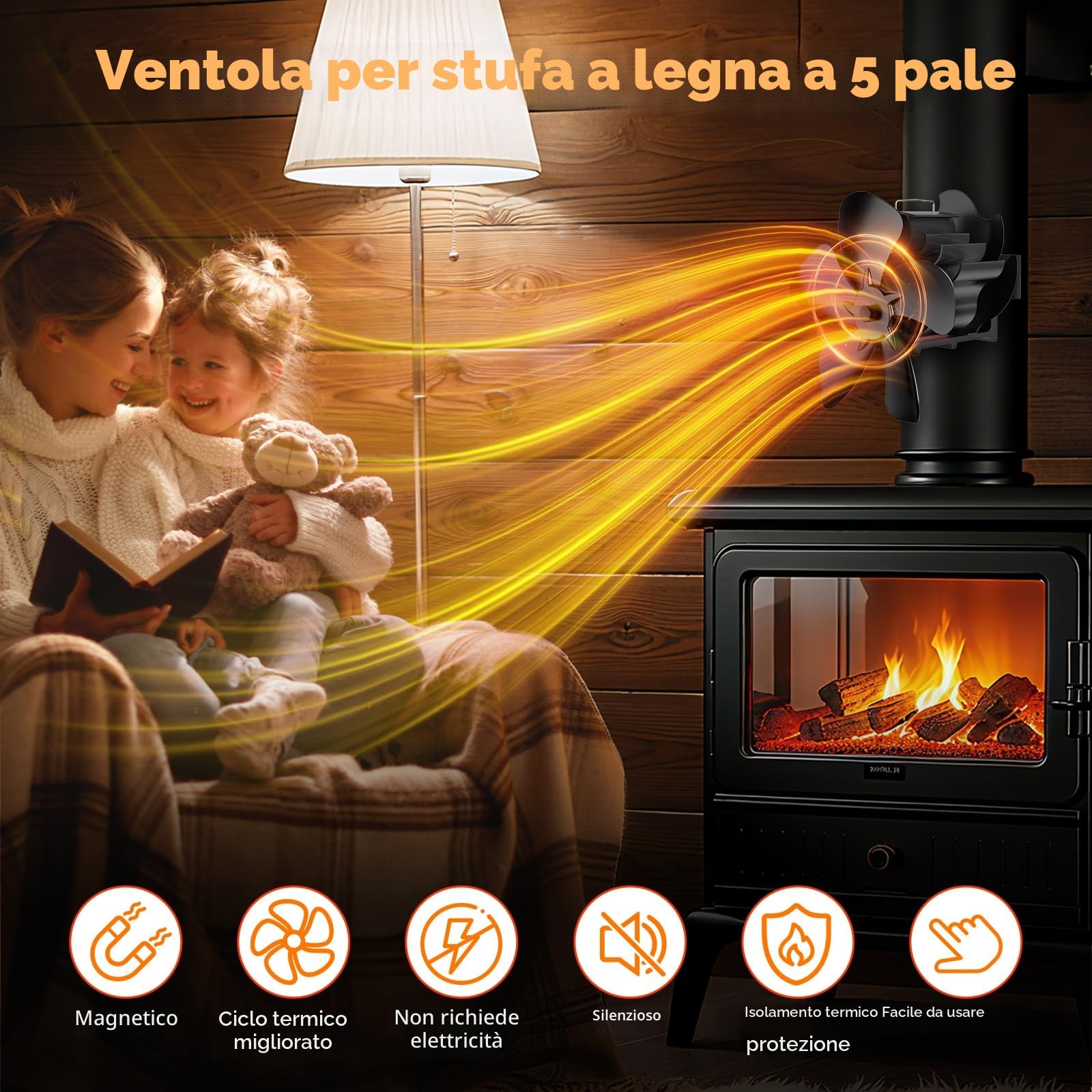 Ventola per Stufa a Legna, ventilatore magnetico a 5 pale, a risparmio energetico e silenzioso, Adatto per stufe a legna, caminetti e canne fumarie