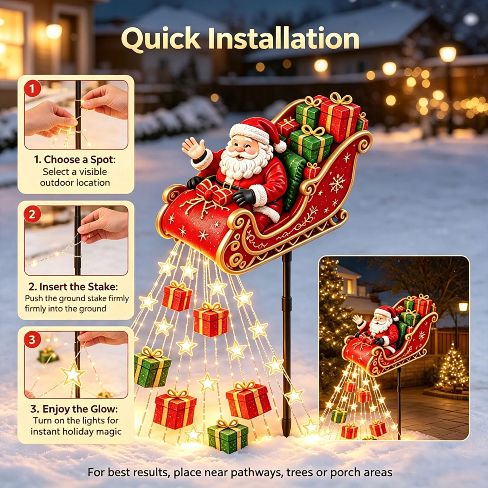 Santa Flying Sleigh Gift Cascade, LED Christmas Star Lights Outdoor Yard