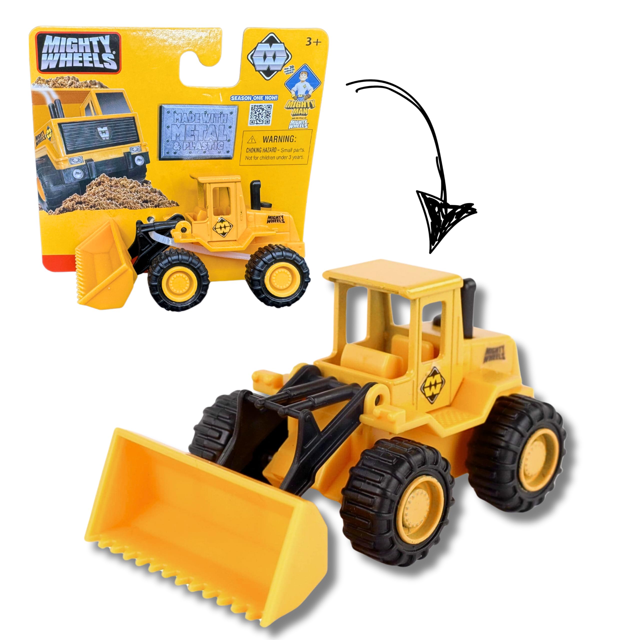 Mighty Wheels Steel Front Loader Truck Toy 3.5" - Free-wheeling Excavator Toy with Movable Scoop - Durable Steel and Plastic Digger Toys - Construction Toys for 3+ Year Old Boys and Girls