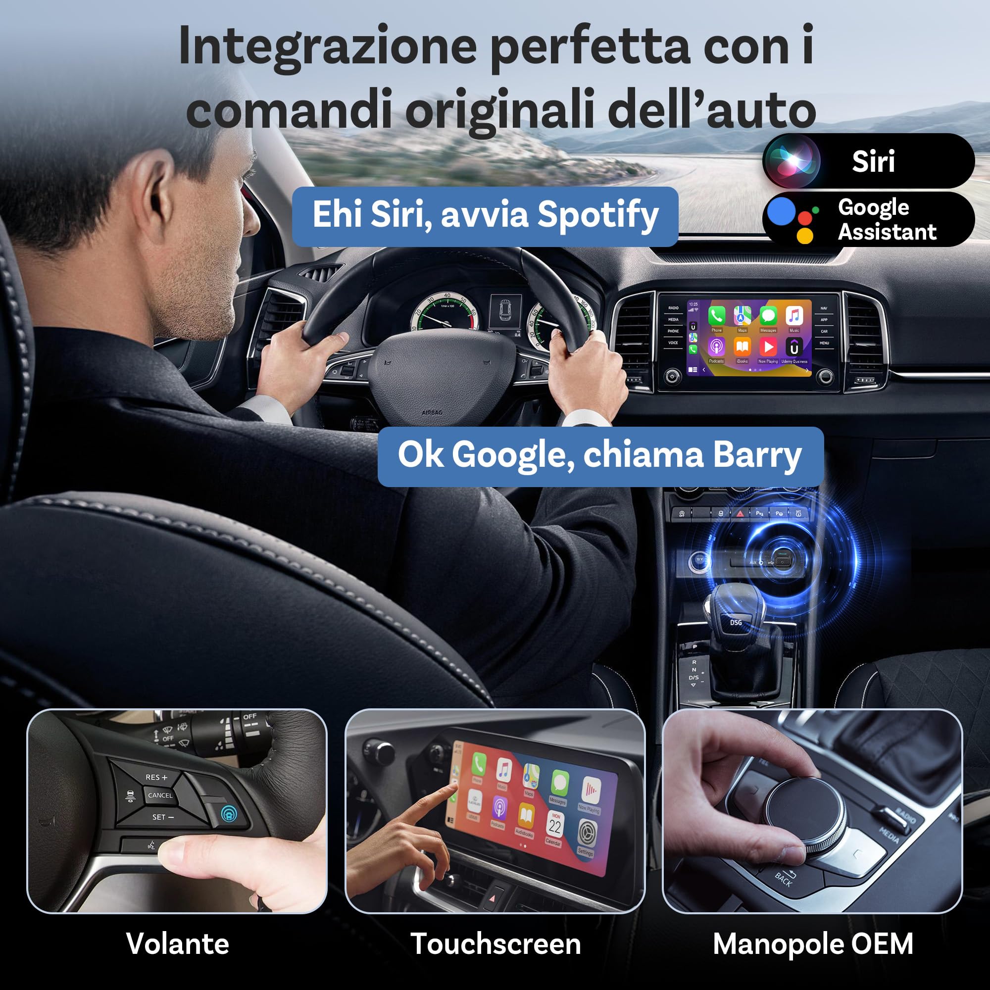 OTTOCAST Mini Core Adattatore Wireless 2 in 1 per CarPlay e Android Auto, Dongle Compatto con Wi-Fi 6 e Bluetooth 5.4, Pulsante Smart Switch, Connessione Automatica