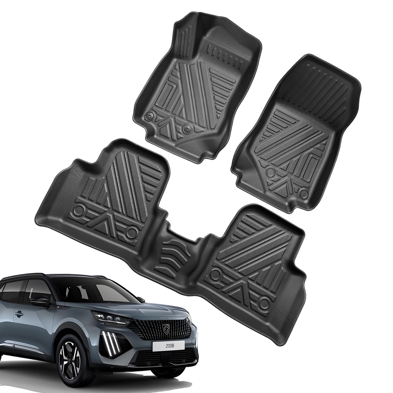 (3 Piezas) TPE Alfombrillas para Peugeot 2008 II 2020-2025 2026 | Alfombras Originales, Tapetes con Bordes Elevados, Accesorios Antideslizantes e Impermeables, NO para E-2008