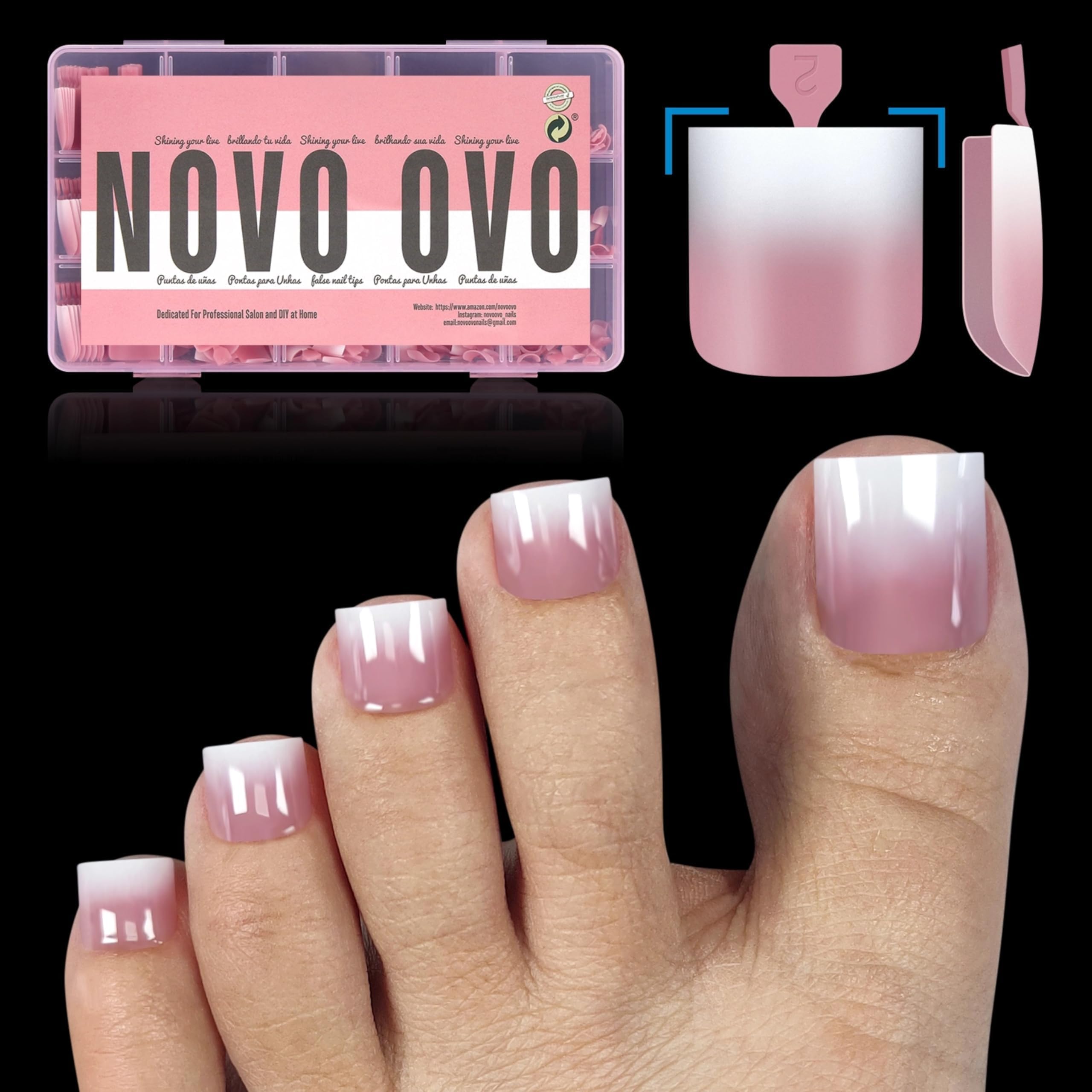 NOVO OVO Ombre French Tip Press on Toe Nail Tips, Sharp Square Pre-Designed Soft Gel False Toenail Extension, BERRY PINK Pre-applied Tip Primer & Base