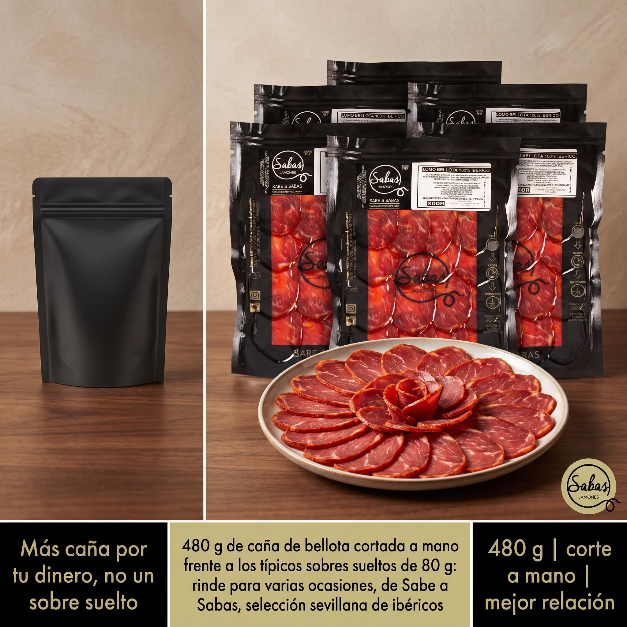 SABE A SABAS Lomo Bellota 100% Iberico Cortado a Mano Caña de Lomo de Jabugo Loncheado 6 Sobres de 80g lomo Iberico 100% curacion natural Tabla Aperitivo Picoteo Regalo Gourmet lo mejor de la Dehesa