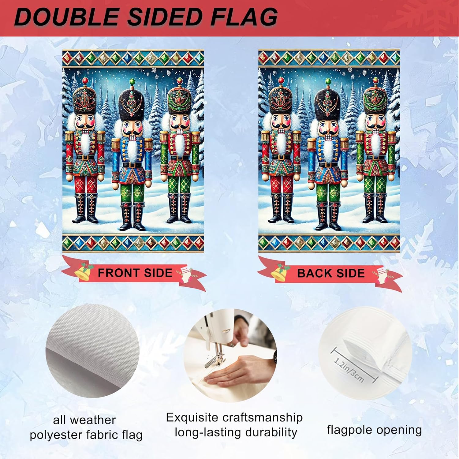 IVN Christmas Garden Flag 12x18 Inch Nutcracker Soldiers in Colorful Uniform with Snowy Pine Trees and Holiday Border Flag Double Sided Outdoor Yard Banner for Porch Lawn Patio Decor Winter - Image 5