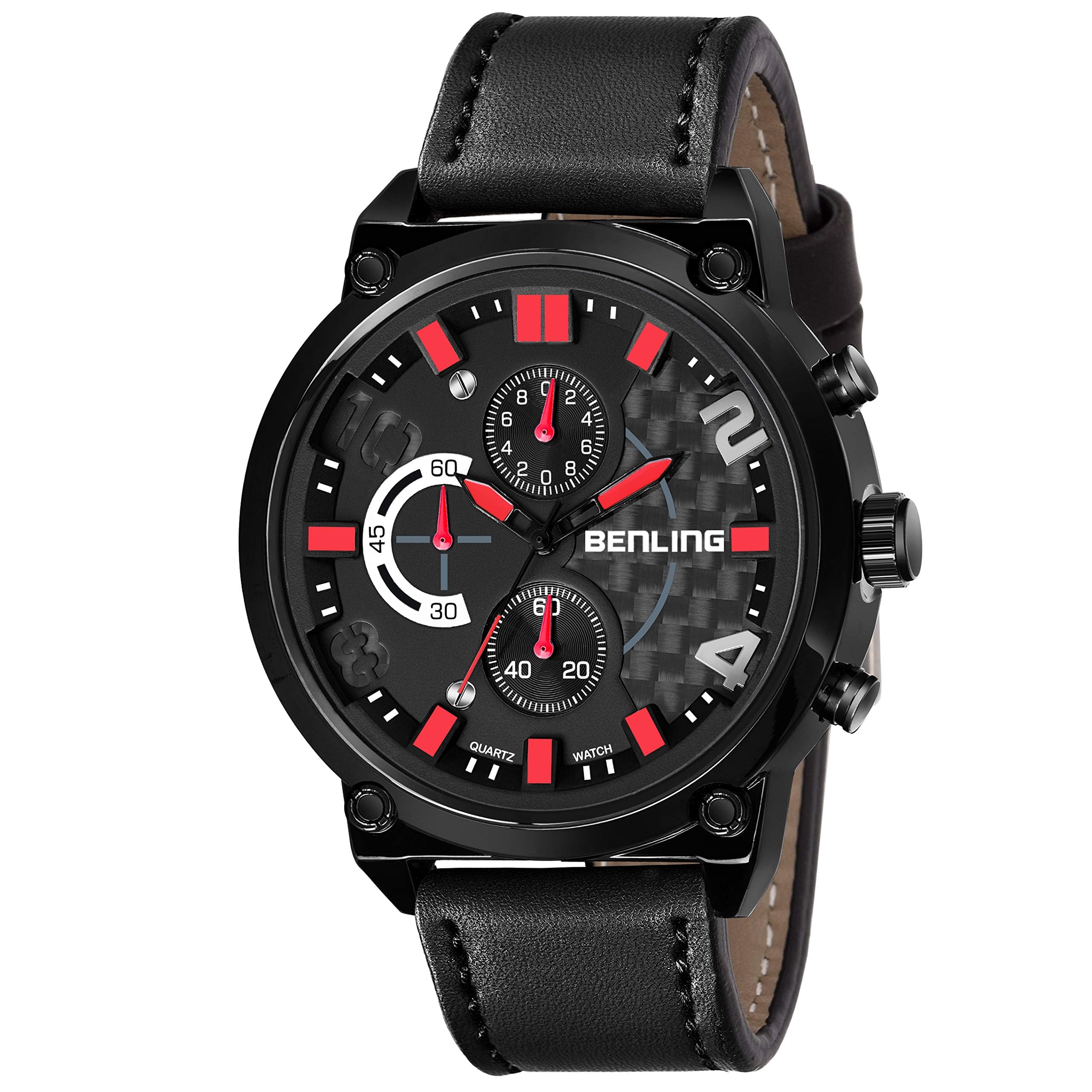 Benling Analog Chronograph Watch for Mens, Business Casual Formal Fashion-Wear, Leather Strap, Water Resistant Up to 30 Meters (Black/Red) (B084G6D9QV) Amazon Price History, Amazon Price Tracker