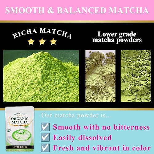Miniatura 7 de RICHA MATCHA Polvo de té verde matcha de grado ceremonial orgánico  Primera cosecha de Uji Kyoto  Té verde japonés sin azúcar premium  USDA, sin
