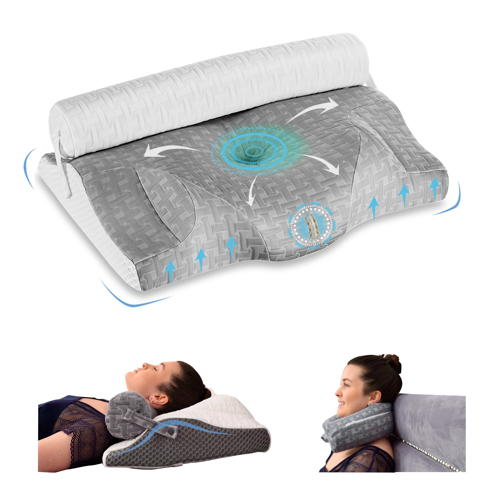 Elviros Cervical Memory Foam Pillow for Neck Support, Adjustable Contour Roll Traction Pillows, 3 in 1 Ergonomic Neck Pain Releif Orthopedic Bed Pillow for Side Back Stomach Sleeper, Grey