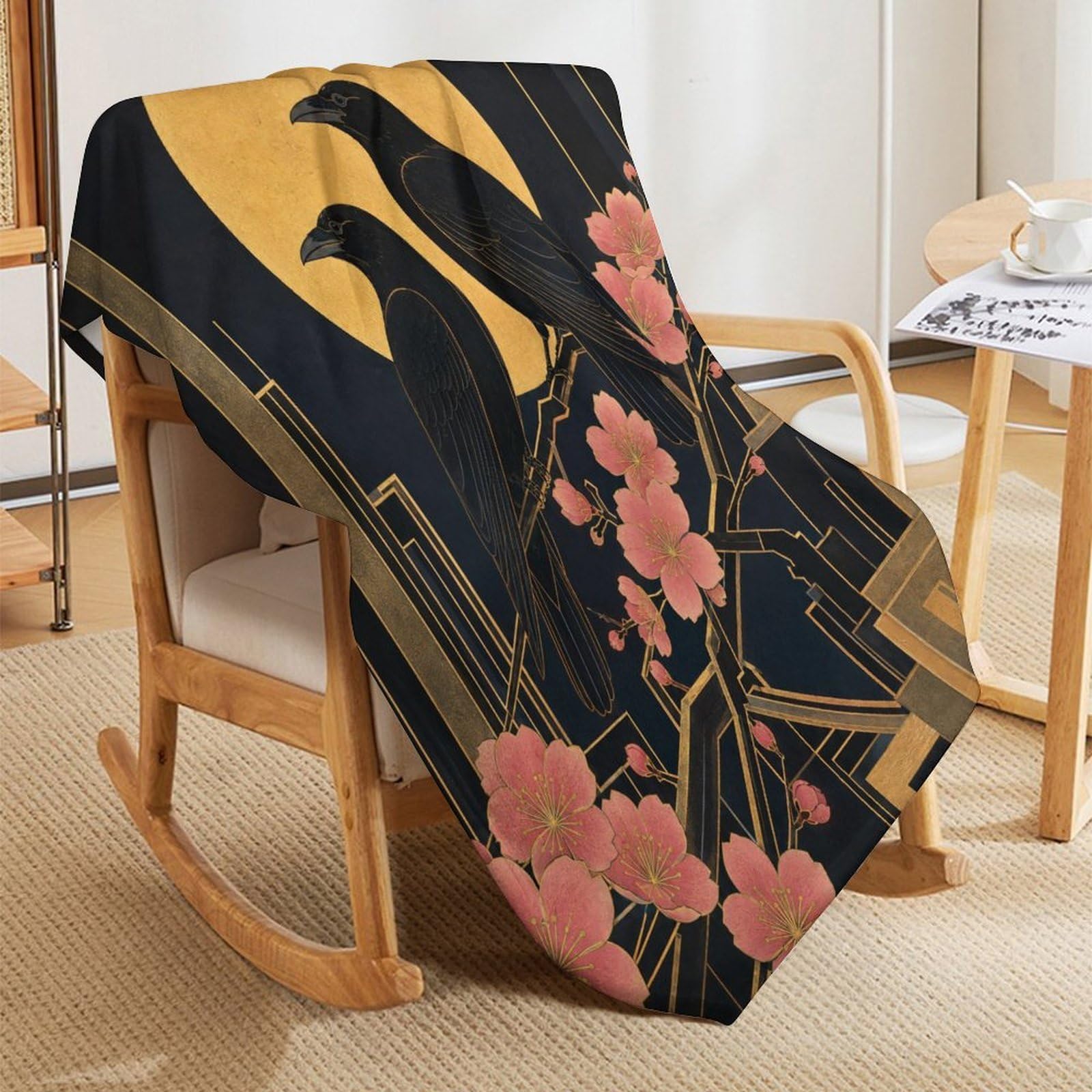 Pareja de Cuervos bajo la Luna Dorada Manta Manta TV Calida Polar | manta sofa suave con Ilustración realista y flor rosa, para sofa, cama, 175x200cm(70x80in)
