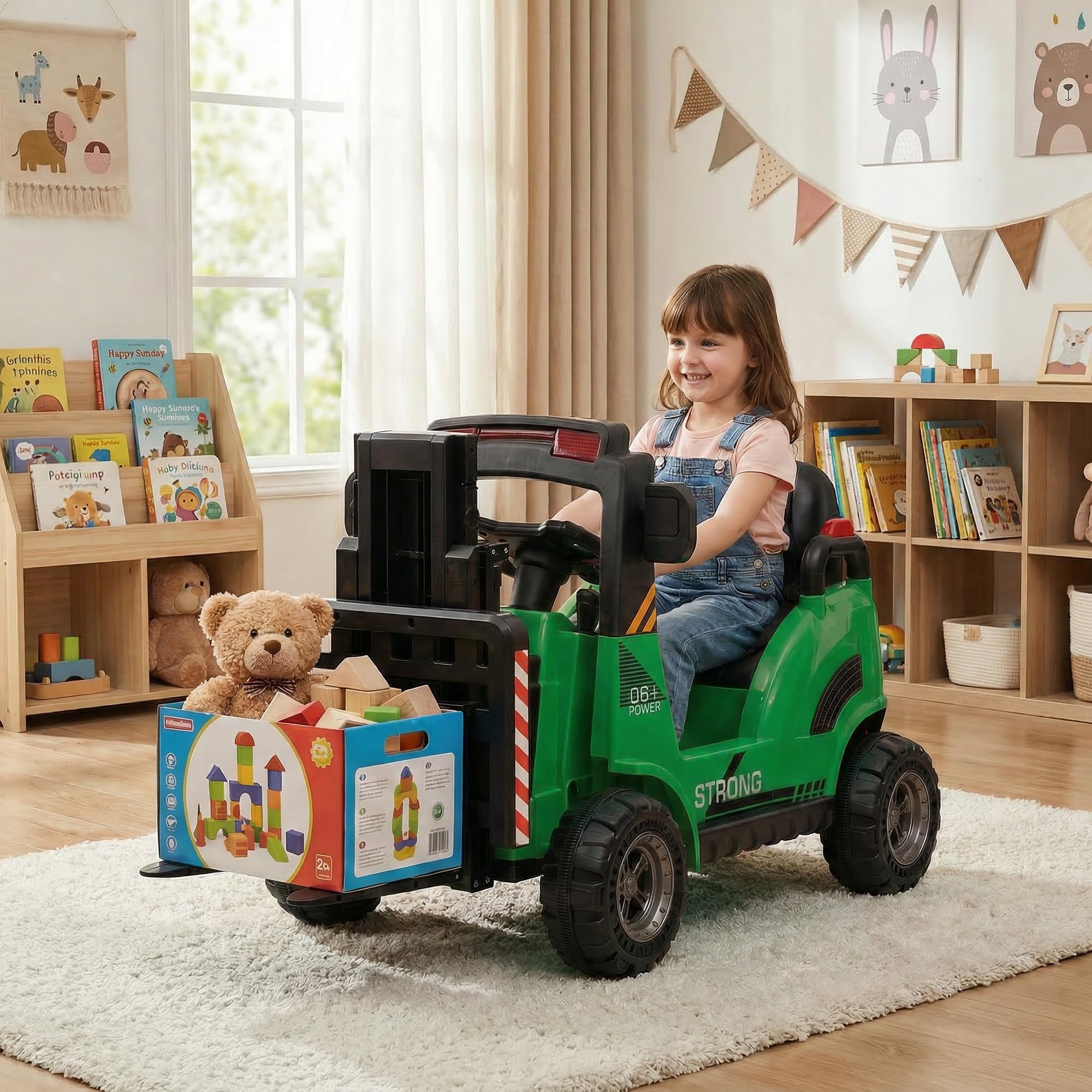 Garvee Elektro Gabelstapler Bagger Für Kinder, Ferngesteuerter Aufsitz-Elektrofahrzeug Mit 12V Akku, Hebbare Gabel, Musik & USB, Robustes Spielzeug Für Innen Und Außen, Geeignet Für Kinder Ab 3 (grün)