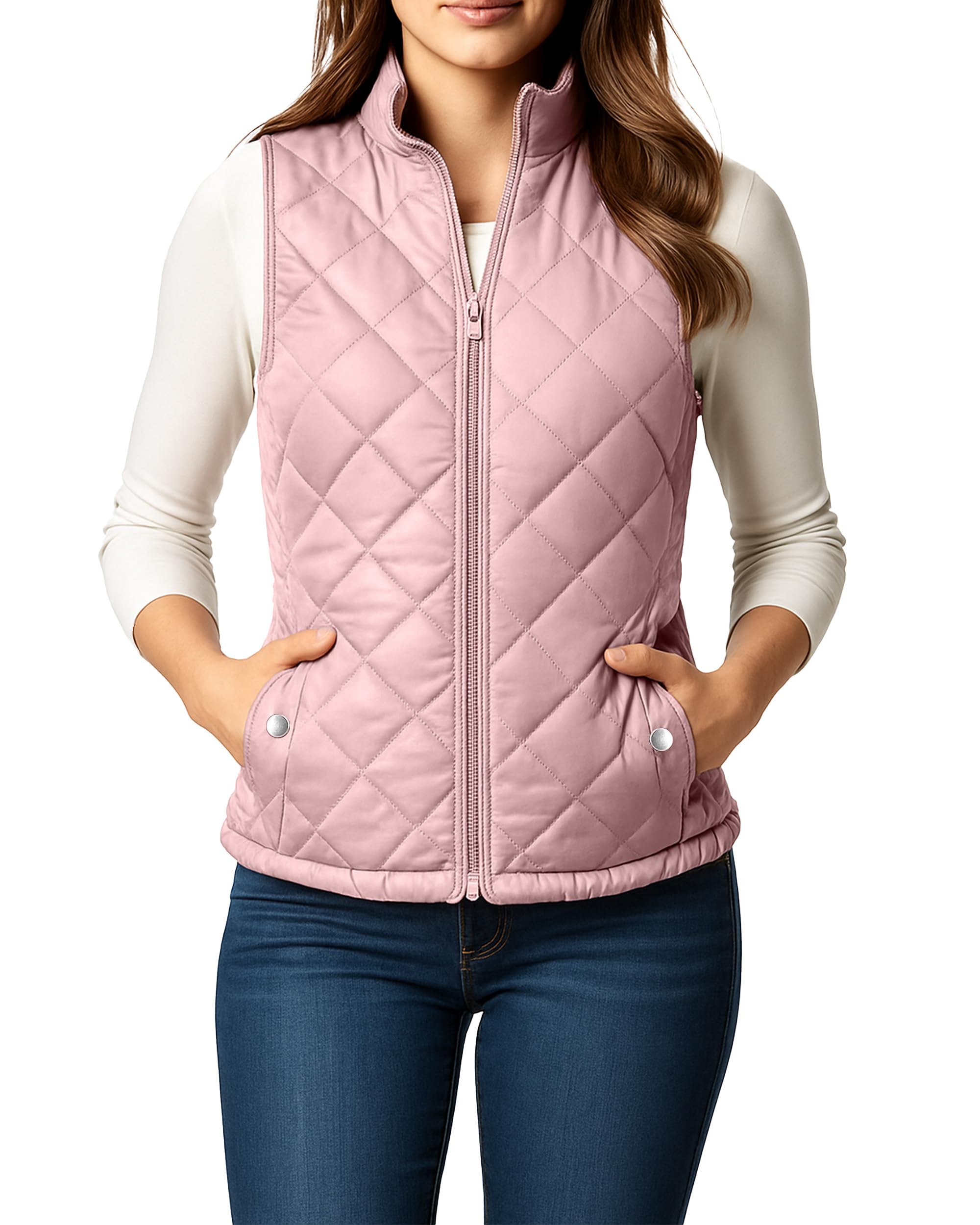 ny threads puffer vest women slim fit lightweight stand collar quilted zip puffer vest, large, light pink
