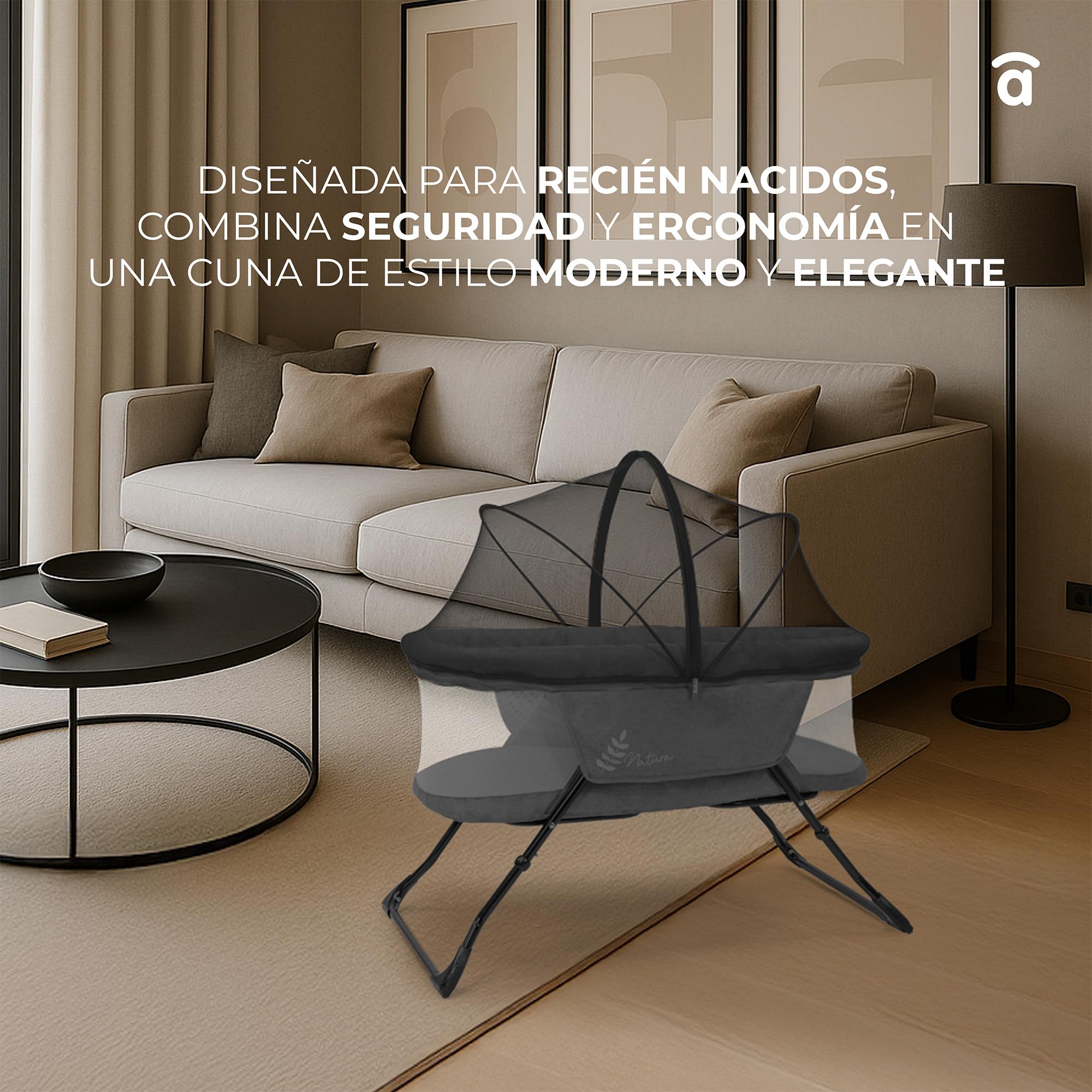 Asalvo Minicuna Plegable Trip Natura. Cuna Portátil para Bebé con Laterales Ventilados 10kg MAX. Incluye Mosquitera y Colchón Desenfundable. Fácil de Montar y Transportar. Diseño Elegante. Gris