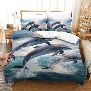 LVTFCO Breathable Dolphinfish Duvet Cover Set, Sleeping Aid Dolphins Comforter Cover, Kids and Adults Creative Home Bedding Set Cozy Various Sizes Twin(173x218cm) Quilt Cover 3 Pieces