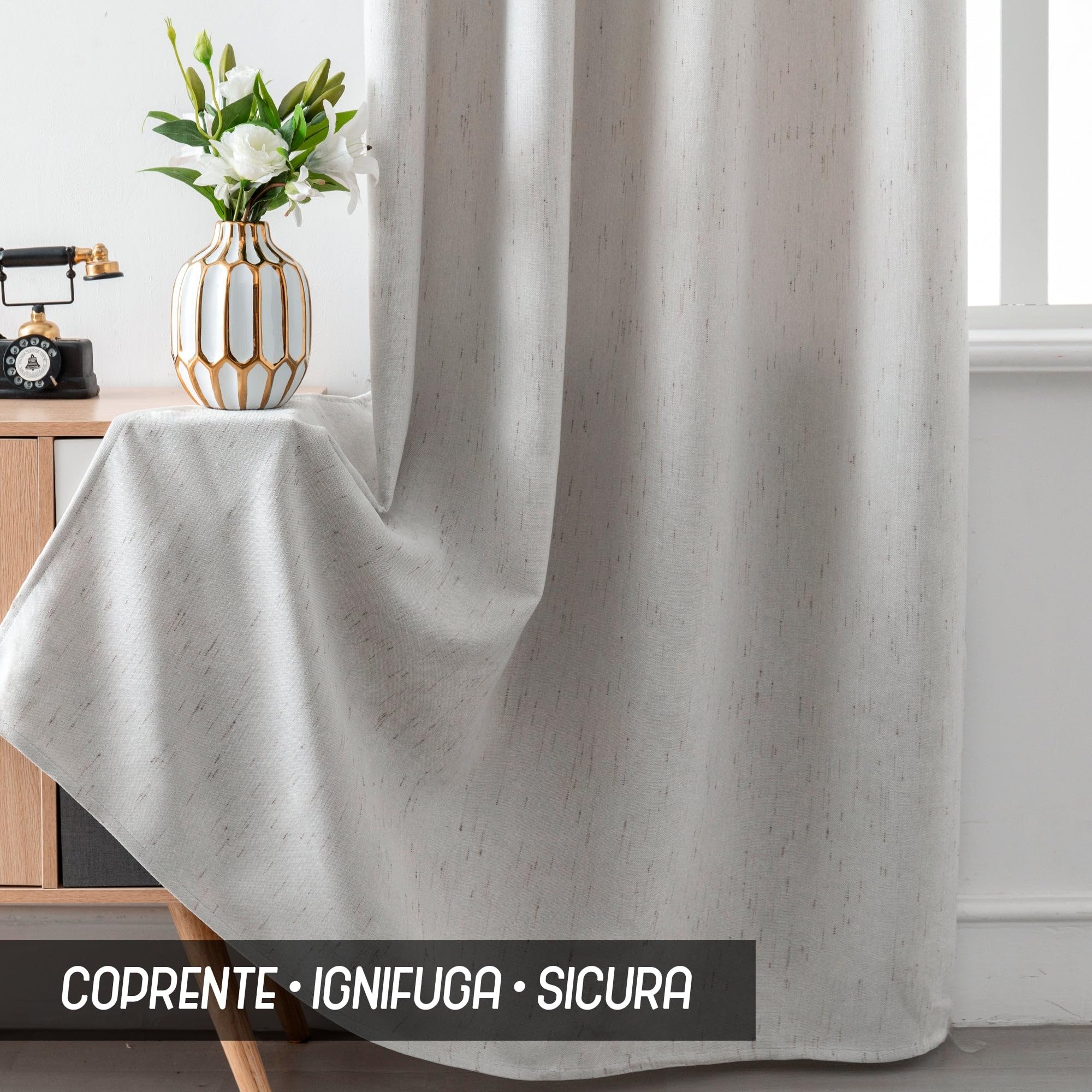 GIRASOLE HOME Paire de rideaux Pantelleria semi-opaques, anti-flamme, motif à rayures, tissu ignifuge certifié, 2 panneaux de 140x260cm avec œillets, gris clair