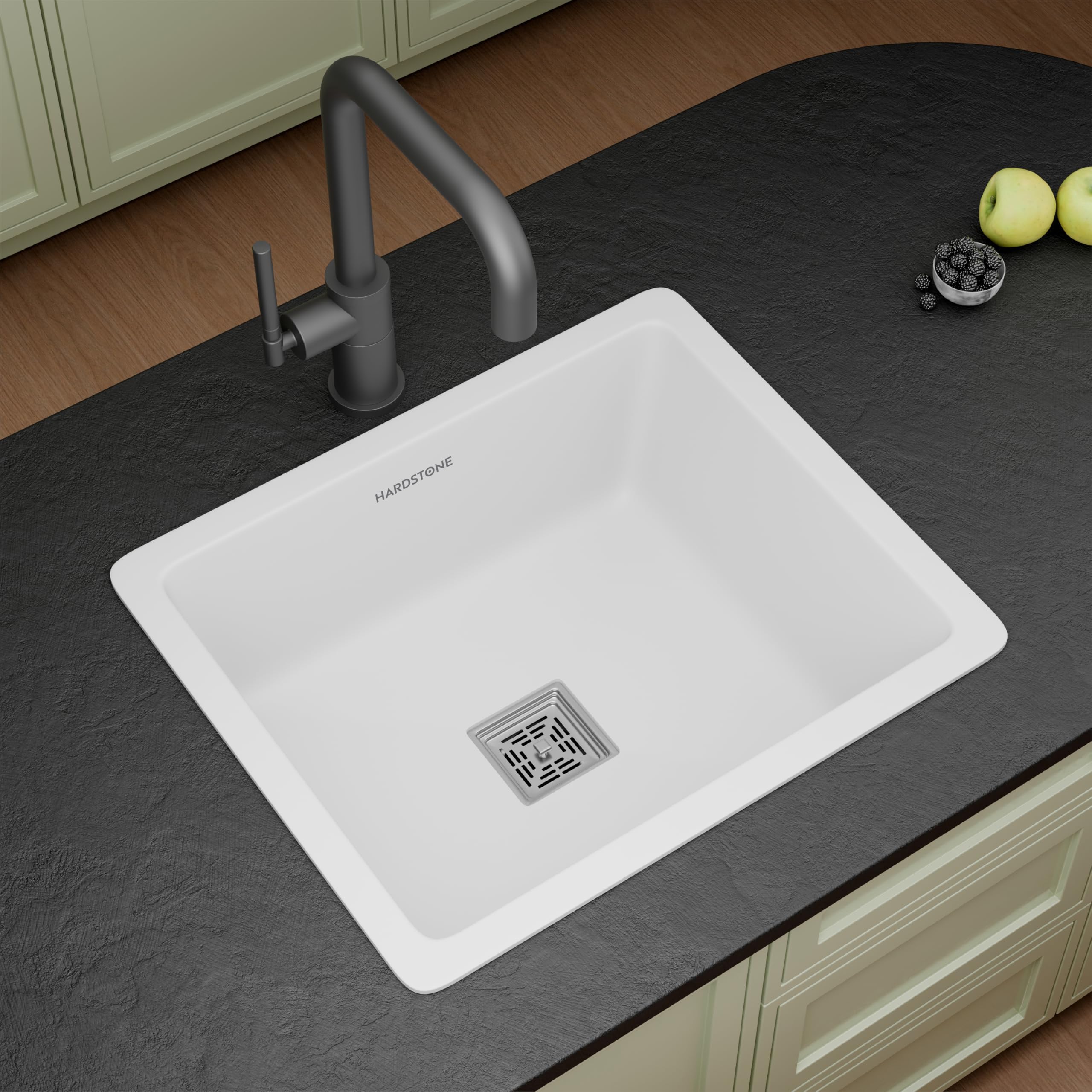HARDSTONE Premium Quartz Kitchen Sink 16x18x8.5 Inches | White Granite Single Bowl Composite Sink with Stainless Steel Waste Coupling & Flexible Drain Pipe | Dual Mount | 10 Year Warranty