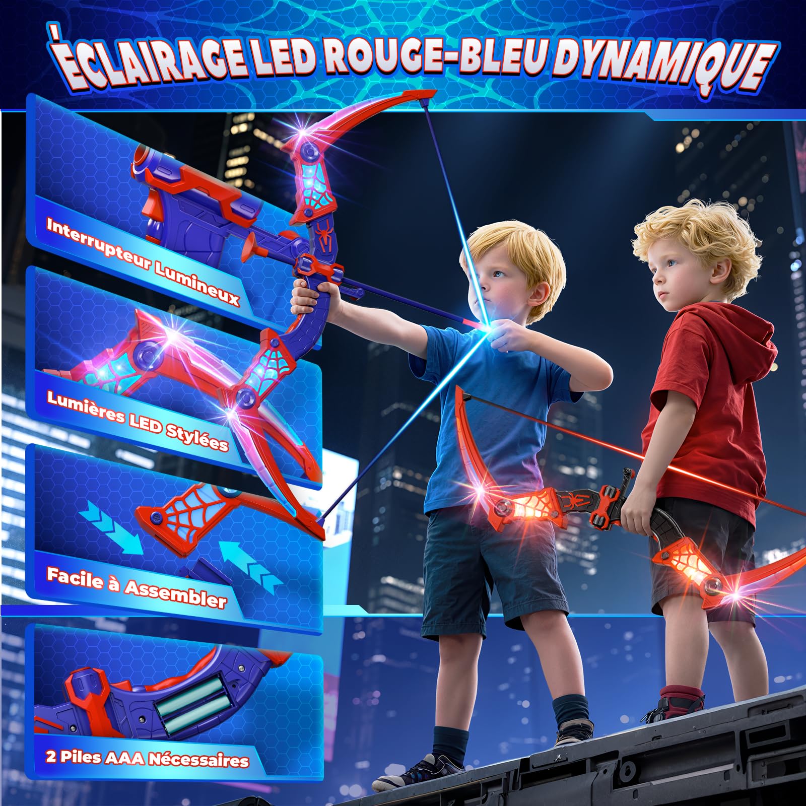 Kidluna Lot de 2 ArcFlèche avec LED Rouge Bleu, Cible Araignée sur Pied & Carquois Araignée Jouet Cadeau Garçon 3 4 5 6 7 8 9 10 11 12 Ans, Jouet Jeux Cadeau Enfant 3-12 Ans Garçon Fille