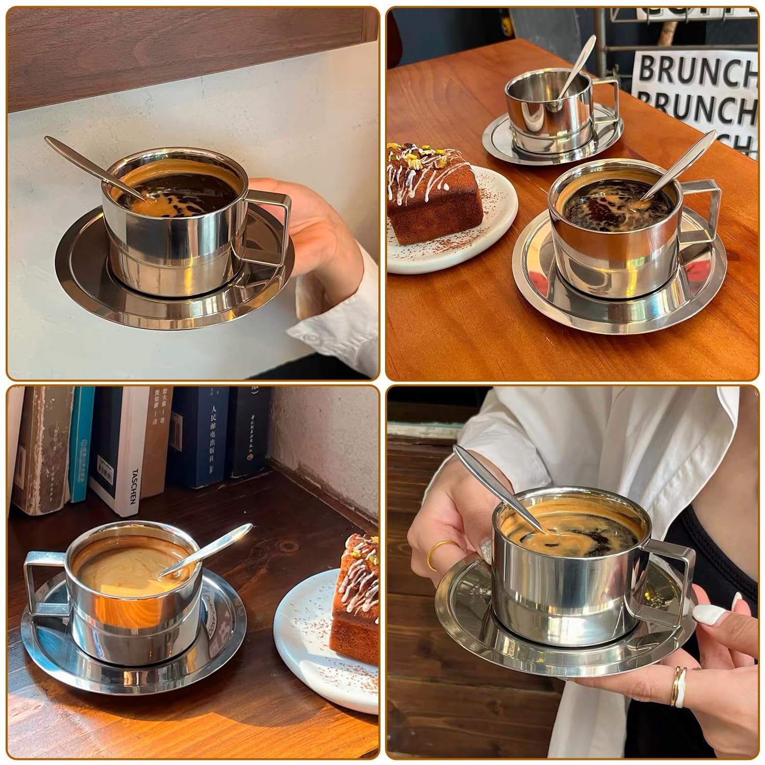 Juego de Tazas de Café Acero Inoxidable, 3 Piezas/Juego Tazas Café Espresso Aisladas, Taza Doble Pared con Asa Té Leche con Platillo Cuchara para Cafés Latte Té Leche (4 Juego)