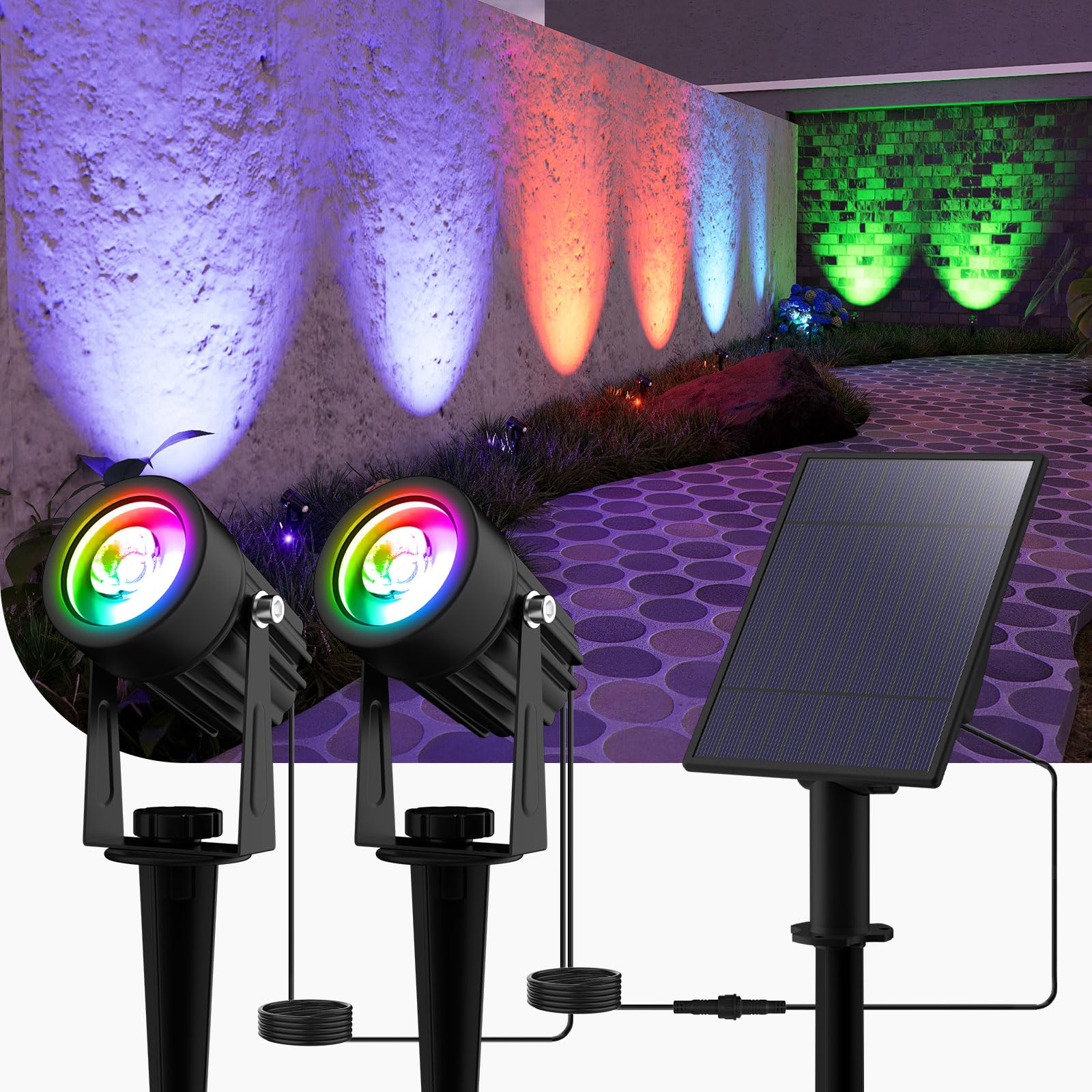 Coreslux Rgb - 2 Lamp Solar Color Changing Lights Outdoor, Multi-Color Rgb Solar Landscape Spotlight, Ip65 Waterproof Solar Garden Lights, Solar Wall Uplighters For Pathway Tree Garden.