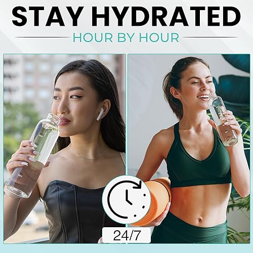 Miniatura 8 de Botella de agua reutilizable de vidrio de borosilicato de 16 onzas con funda, delgada, transparente, a prueba de fugas, con marcador de tiempo, sin